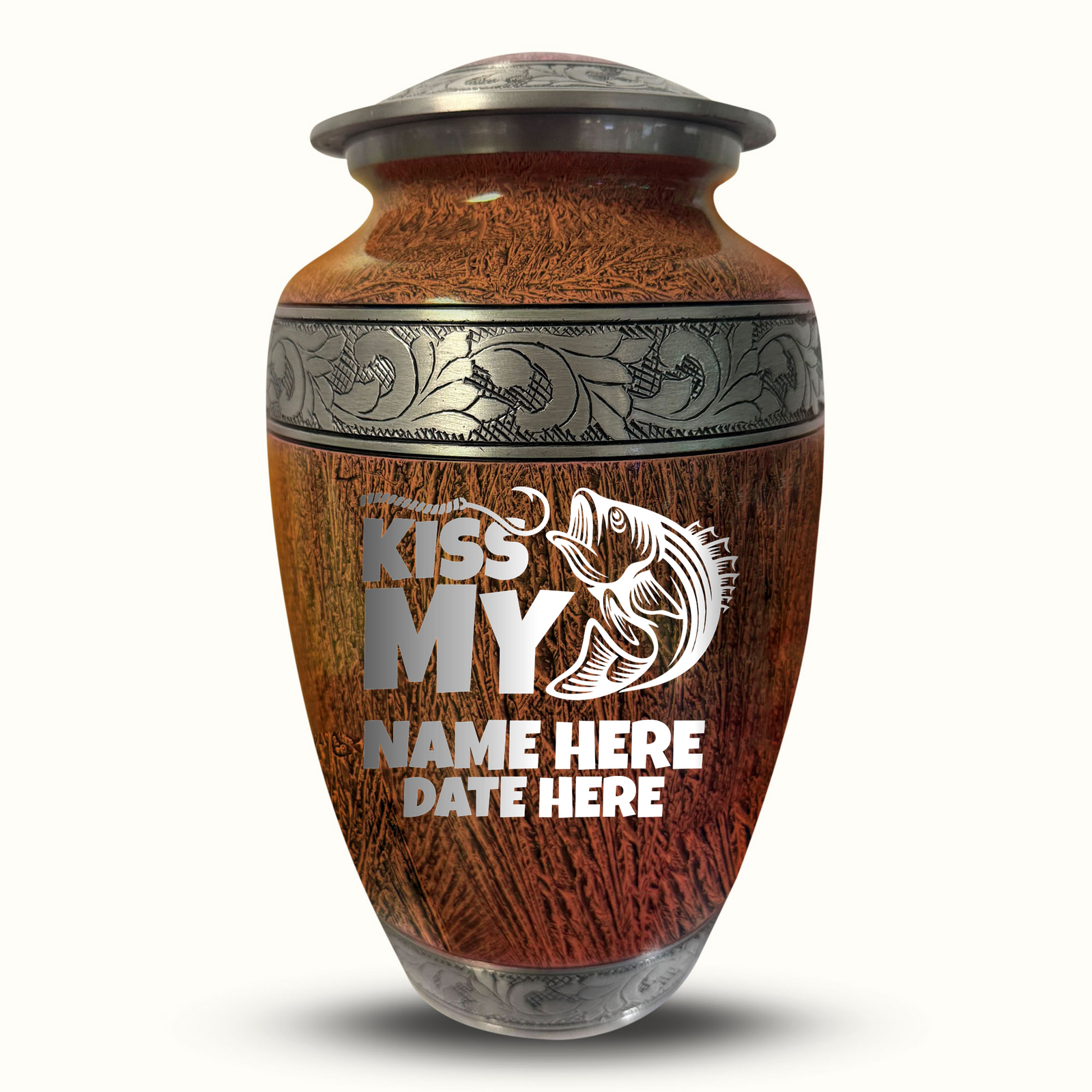 Custom Aluminum Human Urn - Elevate Collection - Funny Fishing Design - Distressed Finish - 200 Cubic Inch