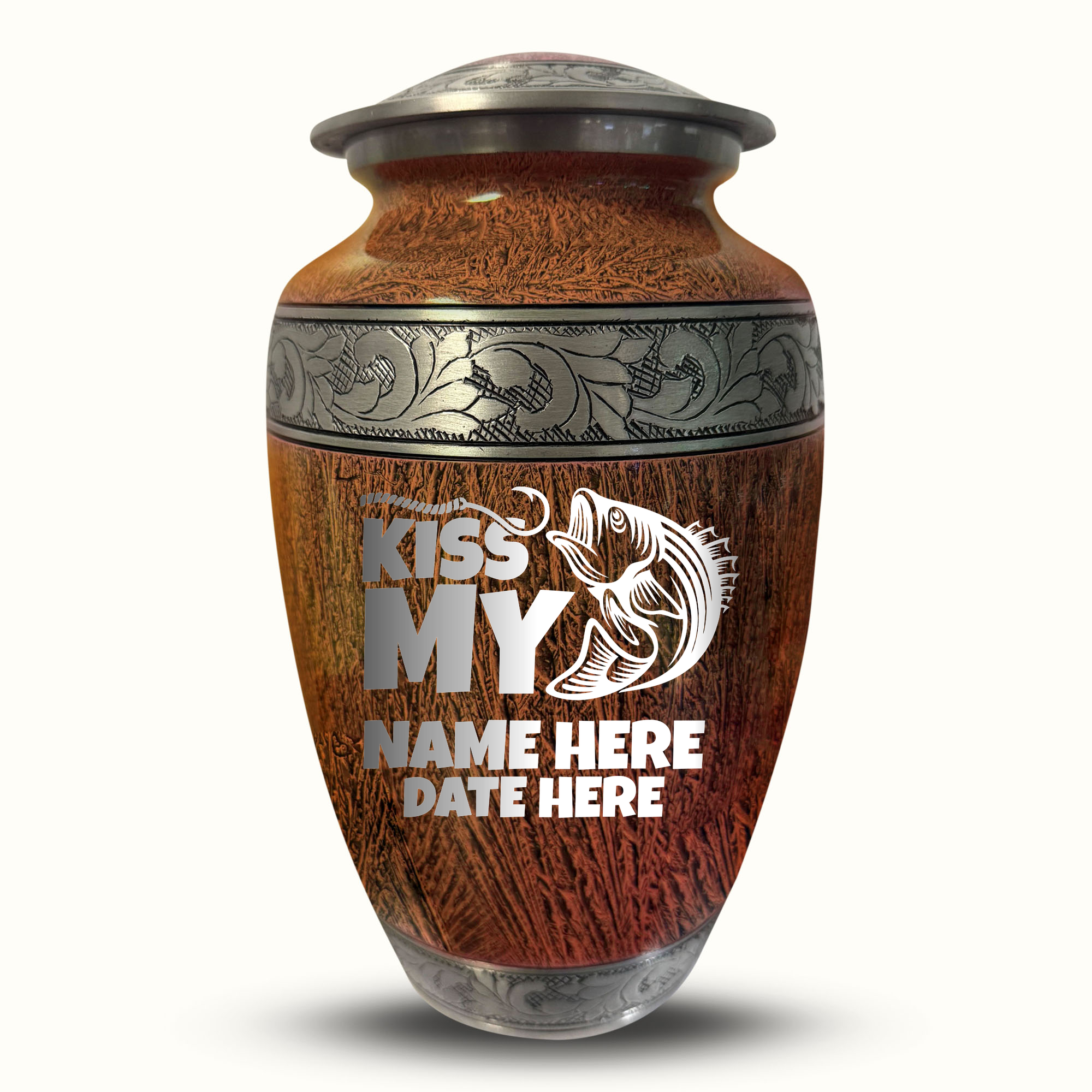 Custom Large Cremation Urn for Human Ashes - Elevate Collection - Funny Fishing Design - Distressed Finish - 200 Cubic Inch