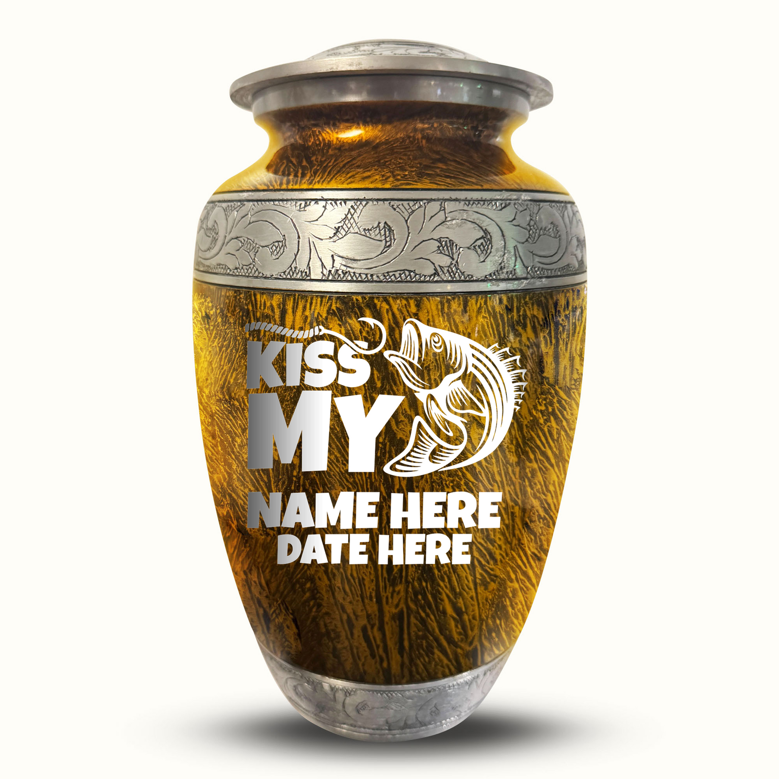 Custom Aluminum Human Urn - Elevate Collection - Funny Fishing Design - Distressed Finish - 200 Cubic Inch