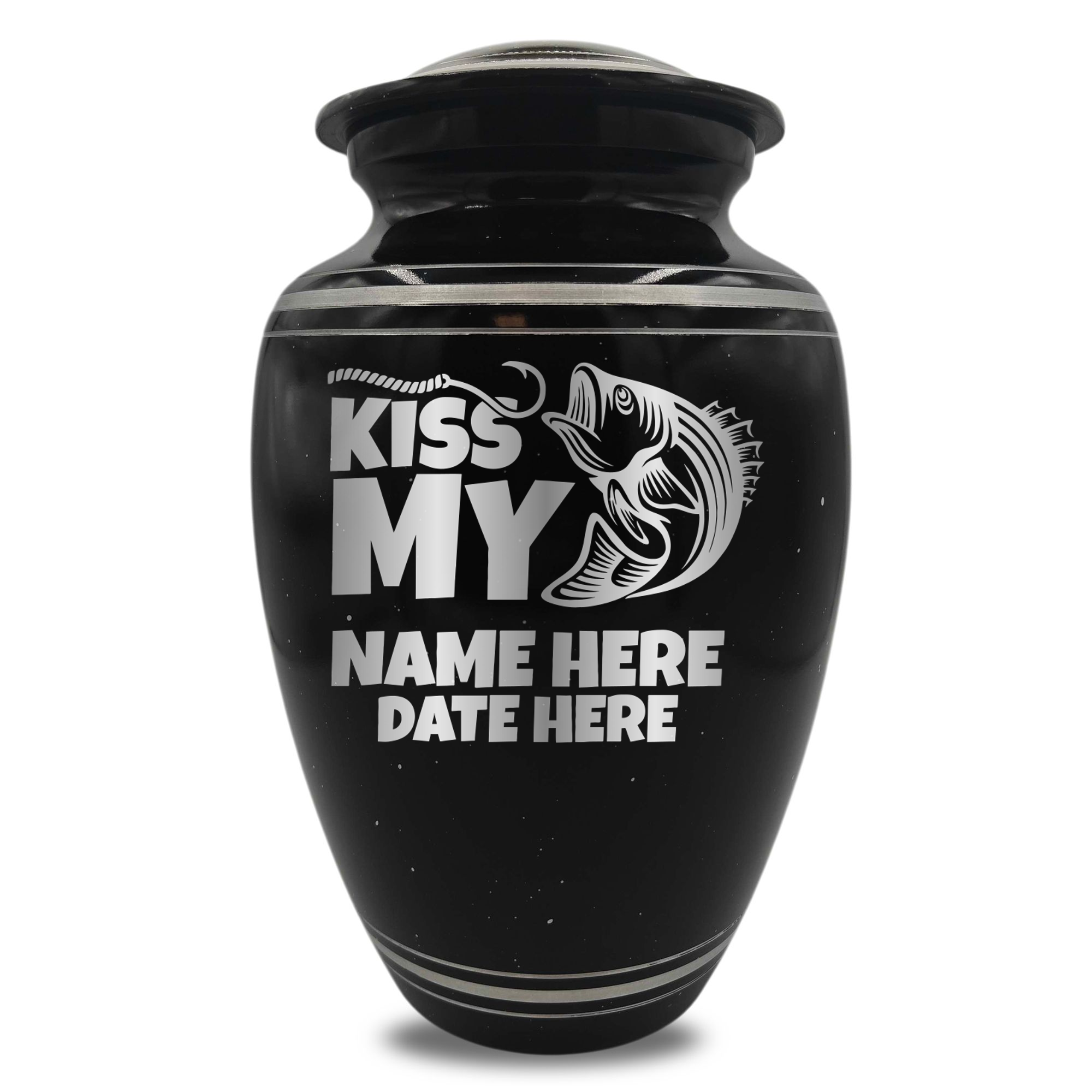 Spotted Black Aluminum with Silver Rim Human Cremation Urn - 200 Cubic Inch | Bass Fishing Humor