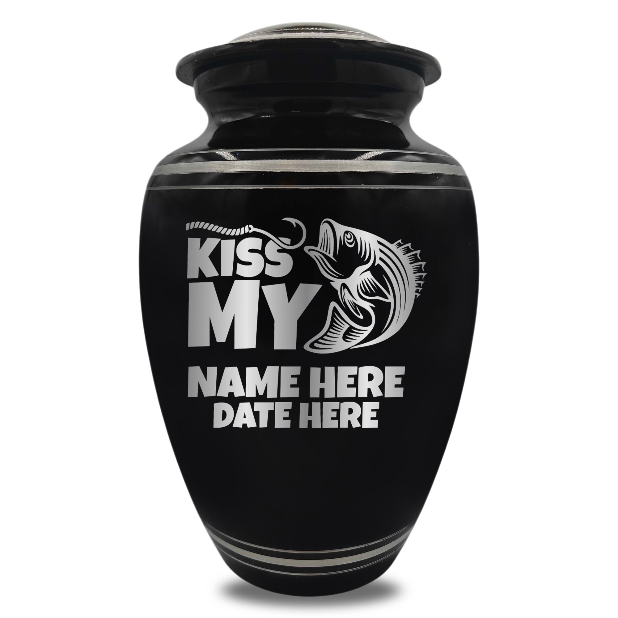 Polished Aluminum with Silver Rim Human Cremation Urn - 200 Cubic Inch | Bass Fishing Humor