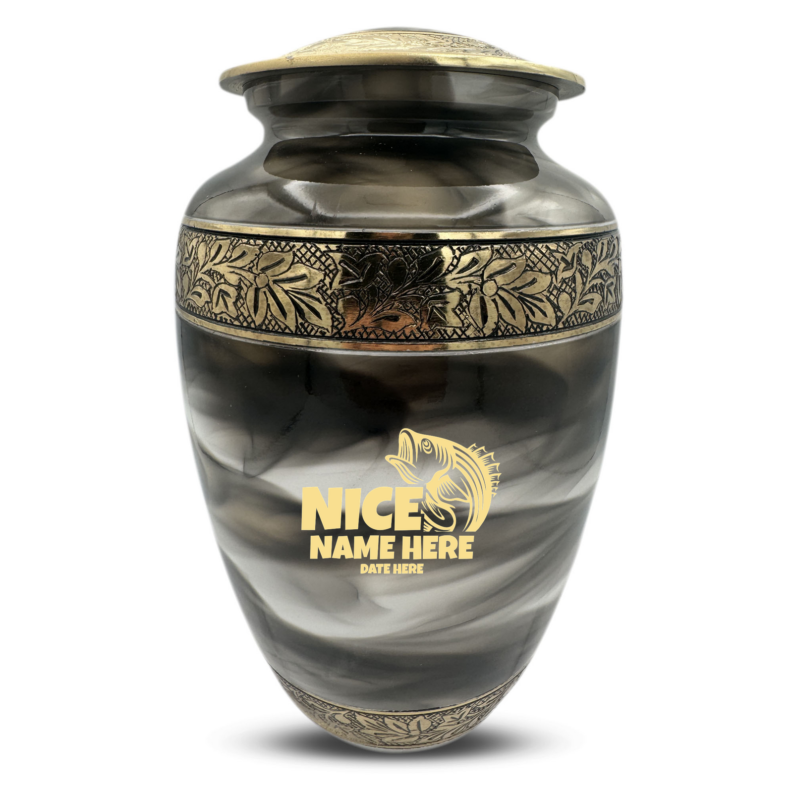 Custom Aluminum Human Urns - Suzesta Pearl White Memorial Urn - Funny Fishing Design - 200 Cubic Inch