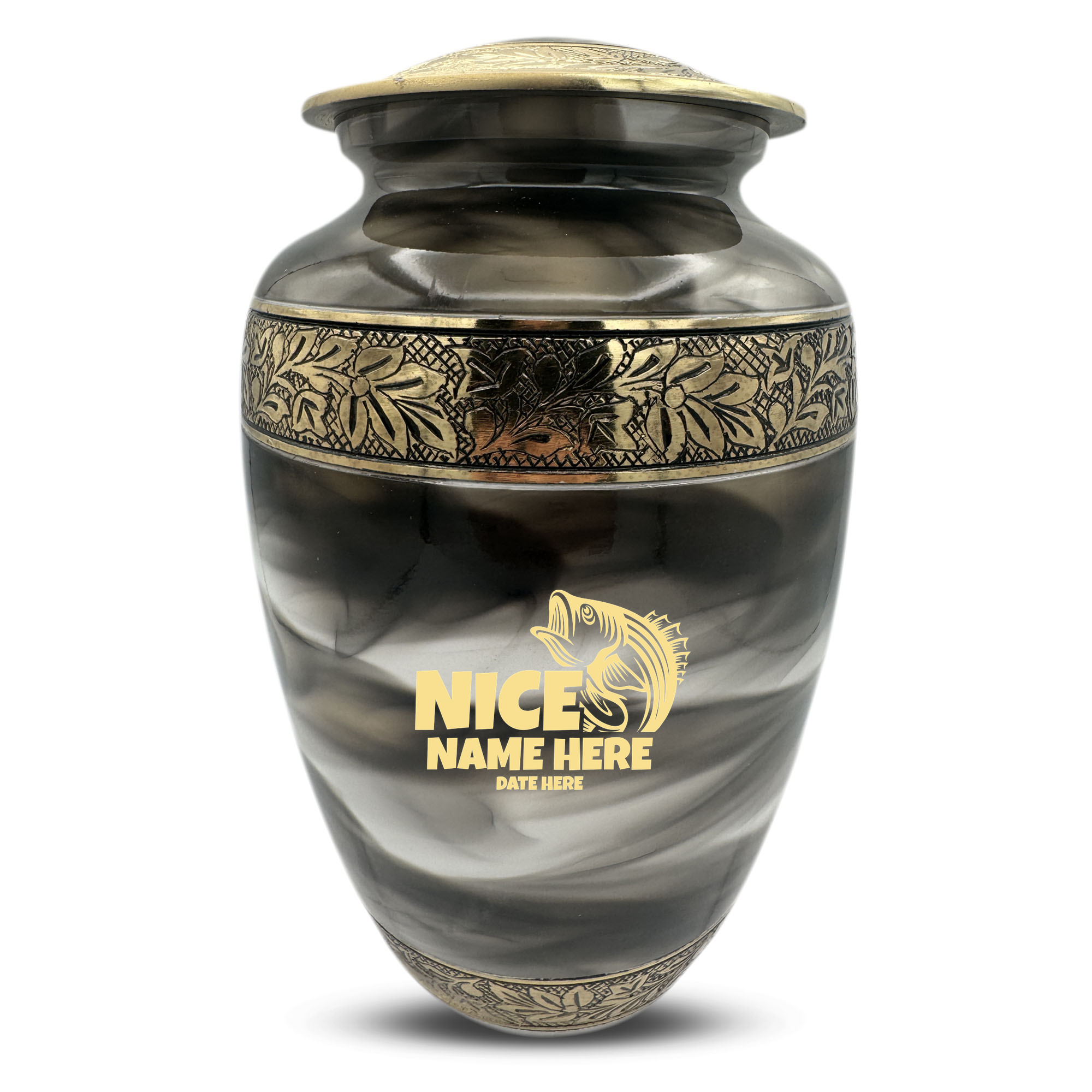 Custom Aluminum Cremation Urn for Human Ashes - Suzesta Pearl White Memorial Urn - Funny Fishing Design - 200 Cubic Inch