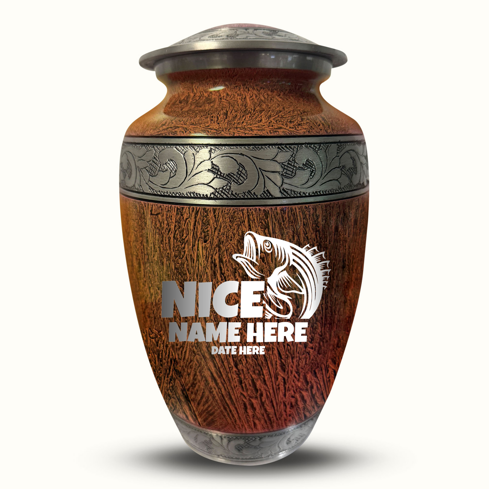 Custom Aluminum Human Urn - Elevate Collection - Funny Fishing Design - Distressed Finish - 200 Cubic Inch