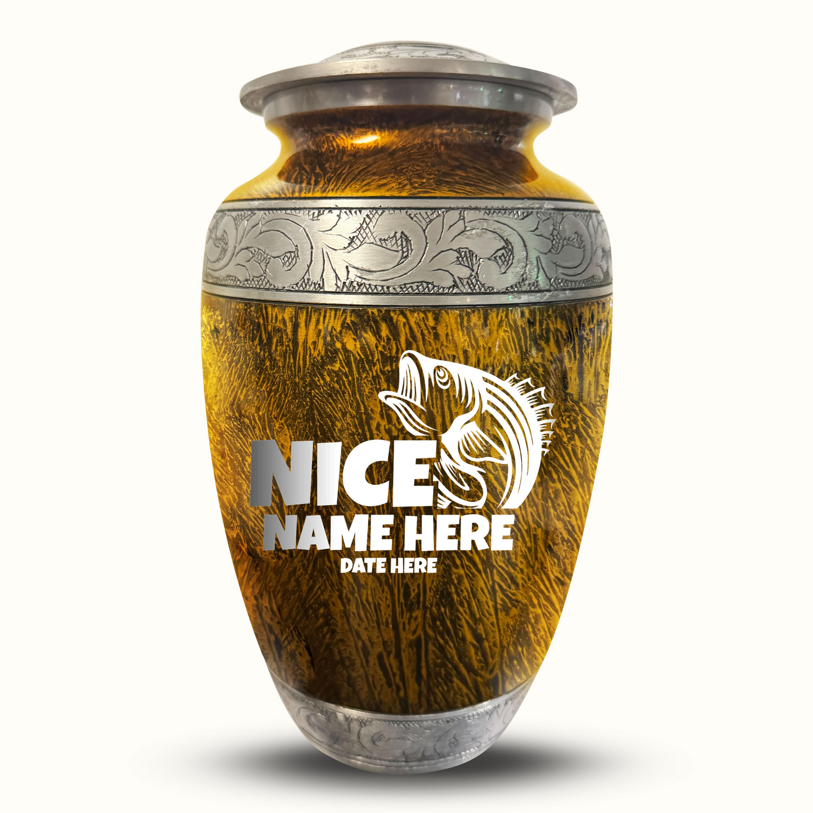 Custom Aluminum Human Urn - Elevate Collection - Funny Fishing Design - Distressed Finish - 200 Cubic Inch