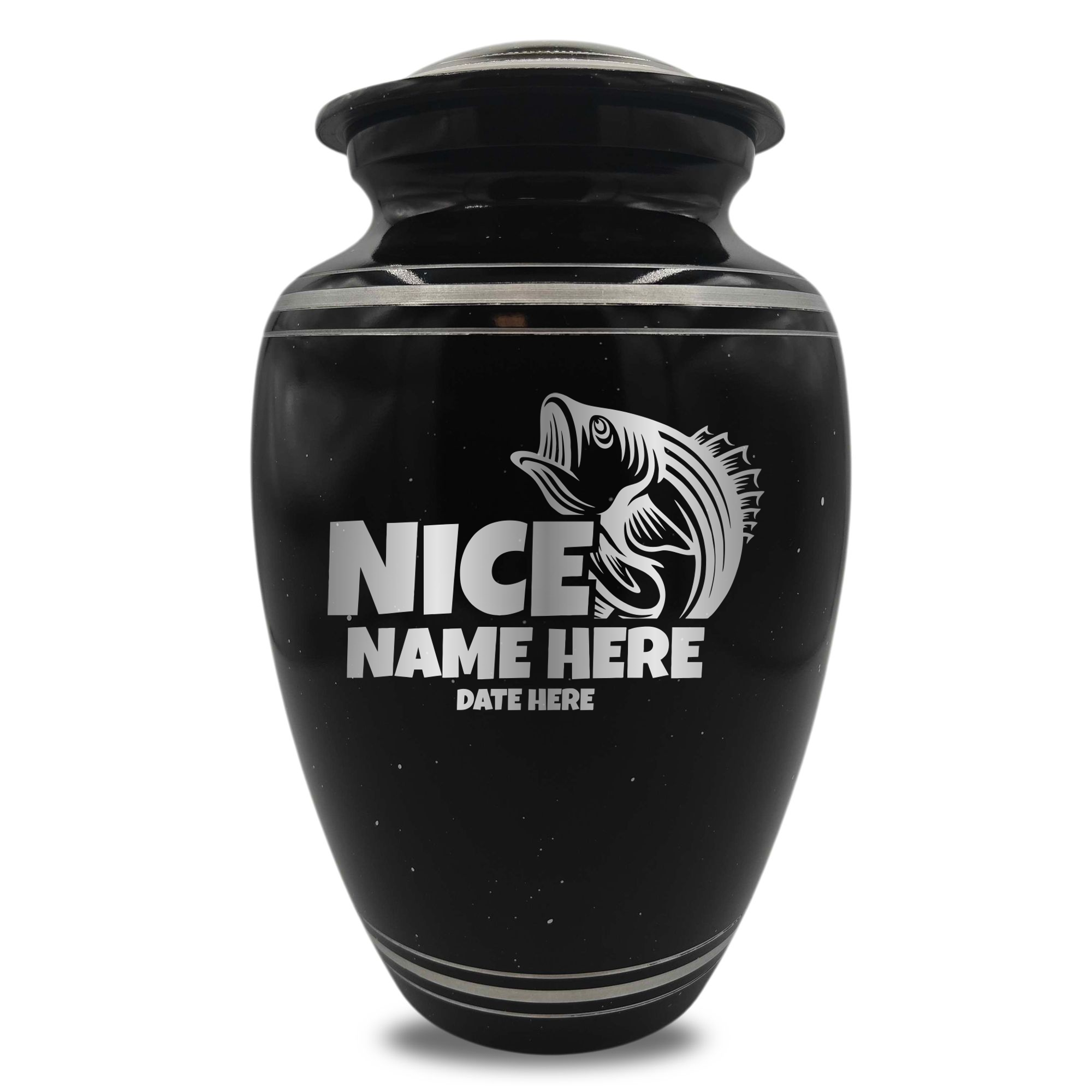 Spotted Black Aluminum with Silver Rim Human Cremation Urn - 200 Cubic Inch | Bass Fishing Humor