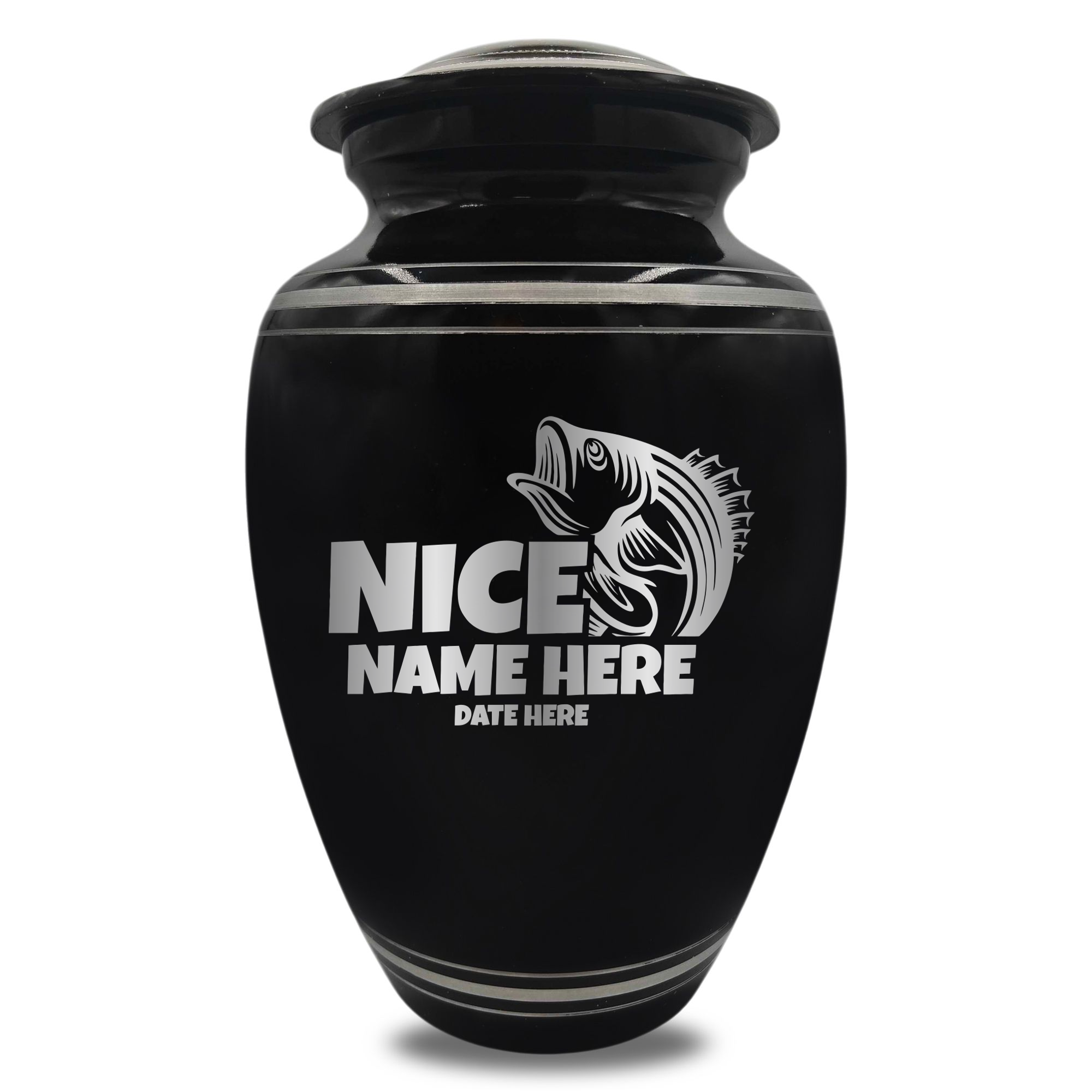 Polished Aluminum with Silver Rim Human Cremation Urn - 200 Cubic Inch | Bass Fishing Humor