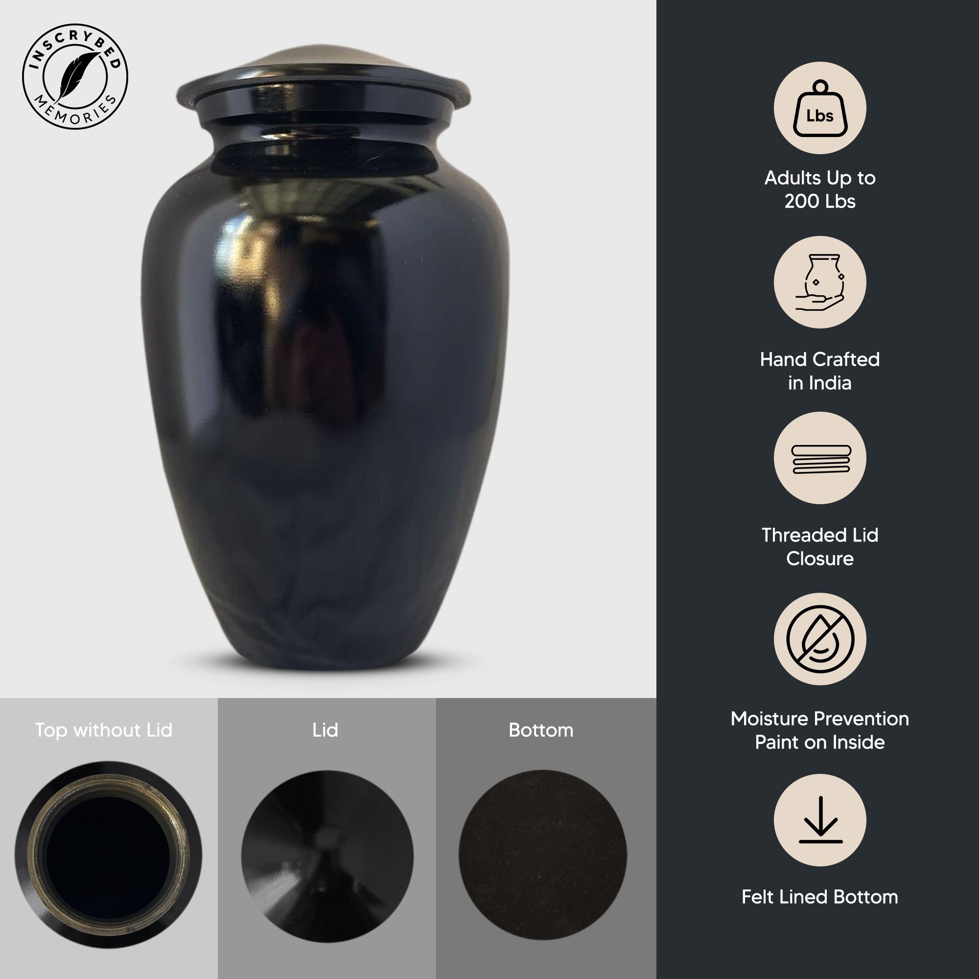 Polished Black Aluminum Human Cremation Urn - 200 Cubic Inch | Bass Fishing Humor