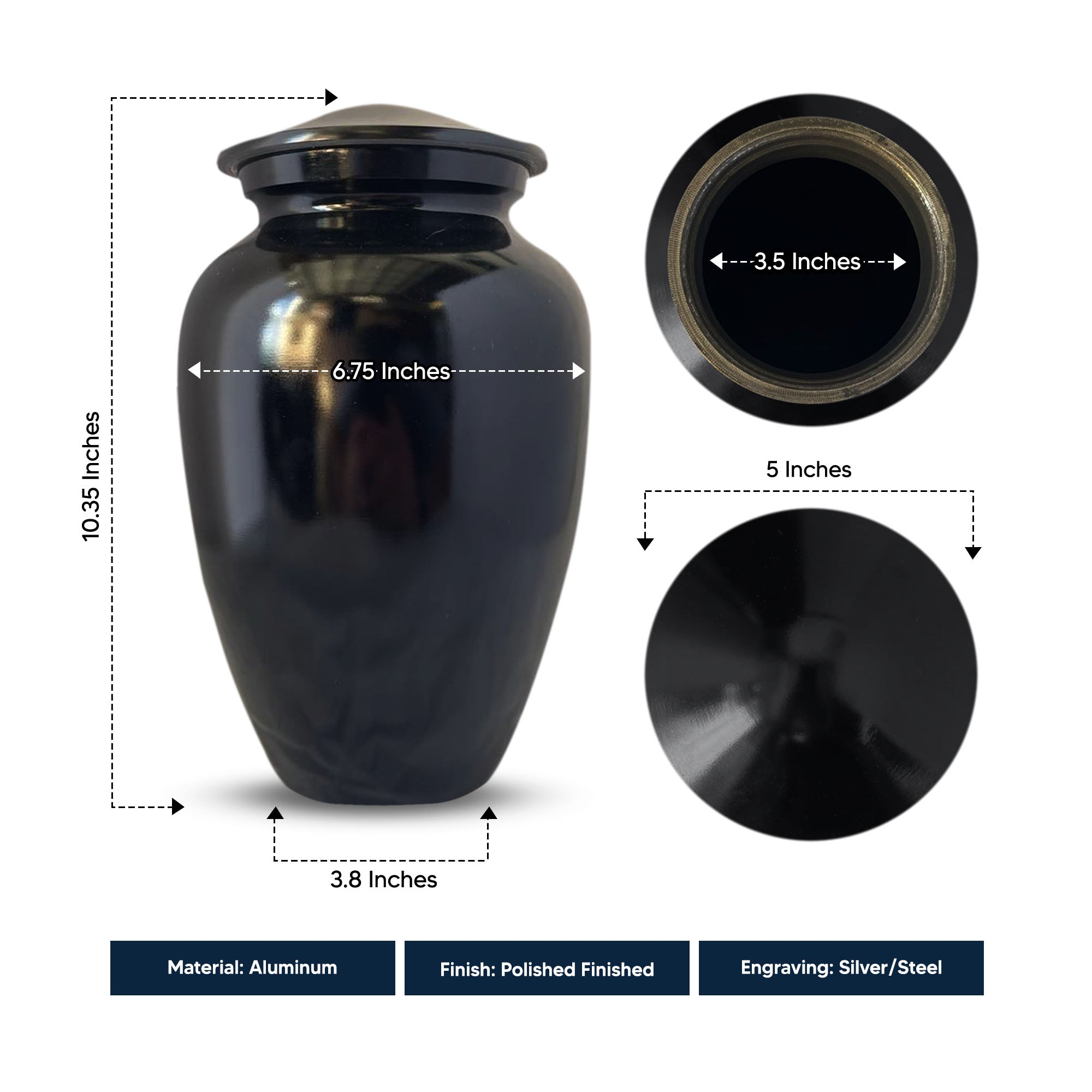 Polished Black Aluminum Human Cremation Urn - 200 Cubic Inch | Funny Pop Culture