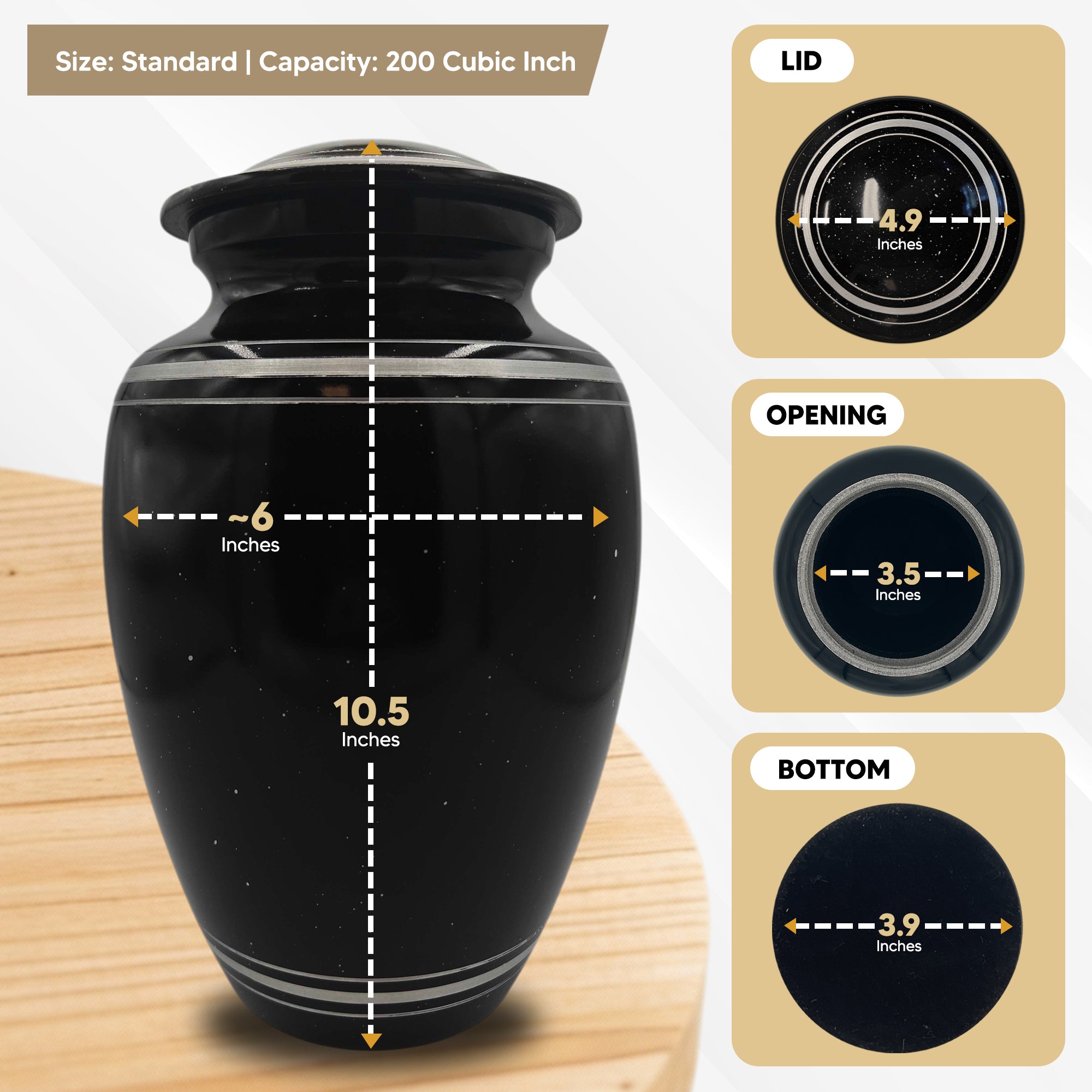 Spotted Black Aluminum with Silver Rim Human Cremation Urn - 200 Cubic Inch | Just Funny Memorial