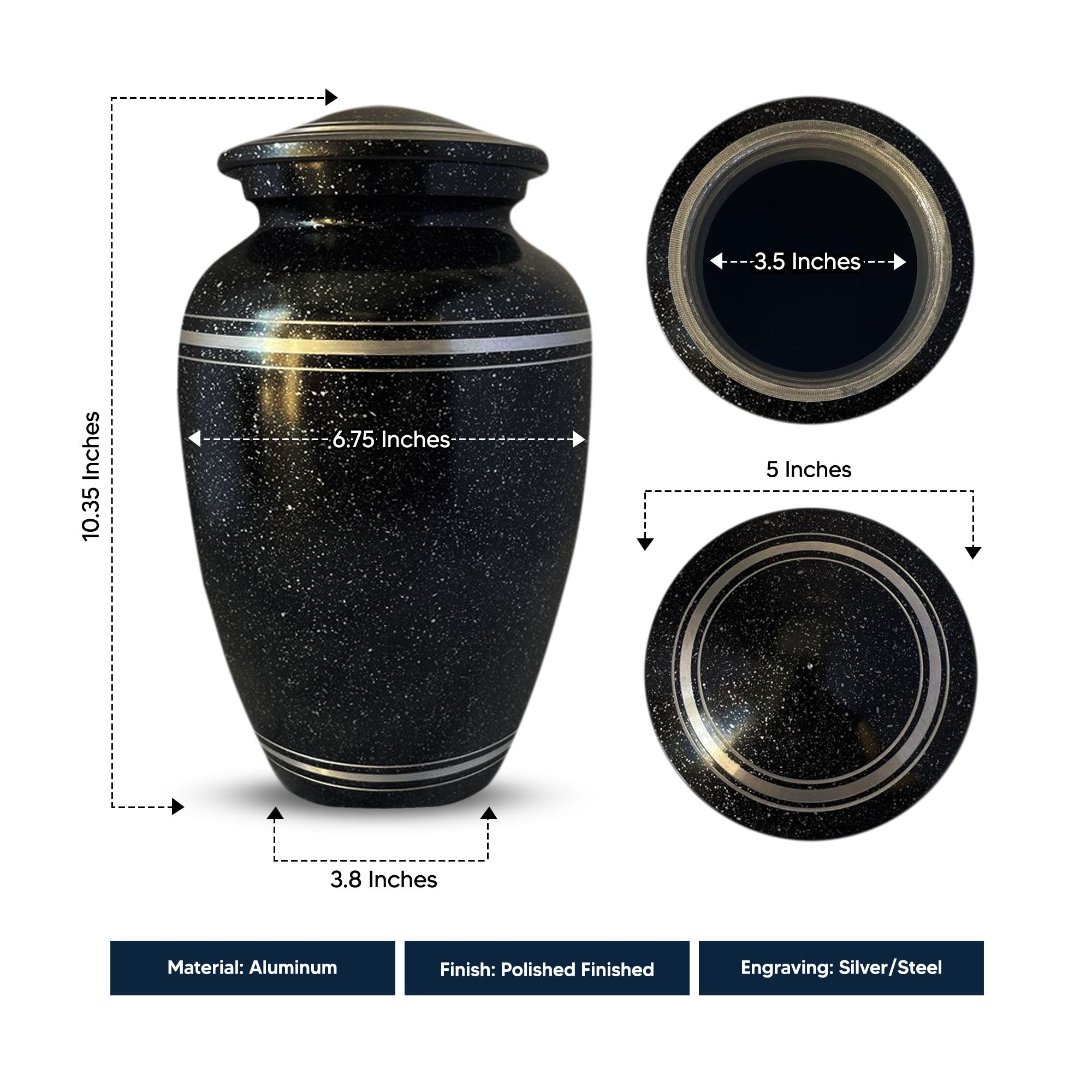 Spotted Black Aluminum with Silver Rim Human Cremation Urn - 200 Cubic Inch | Funny Pop Culture