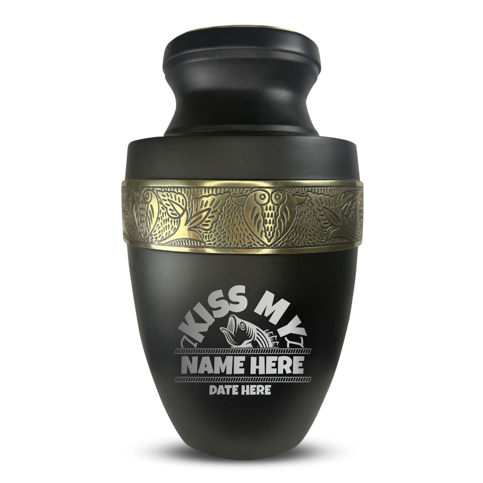 Custom Aluminum Human Urn - Funny Fishing Design - Elite Collection with Gold Inlay - 200 Cubic Inch
