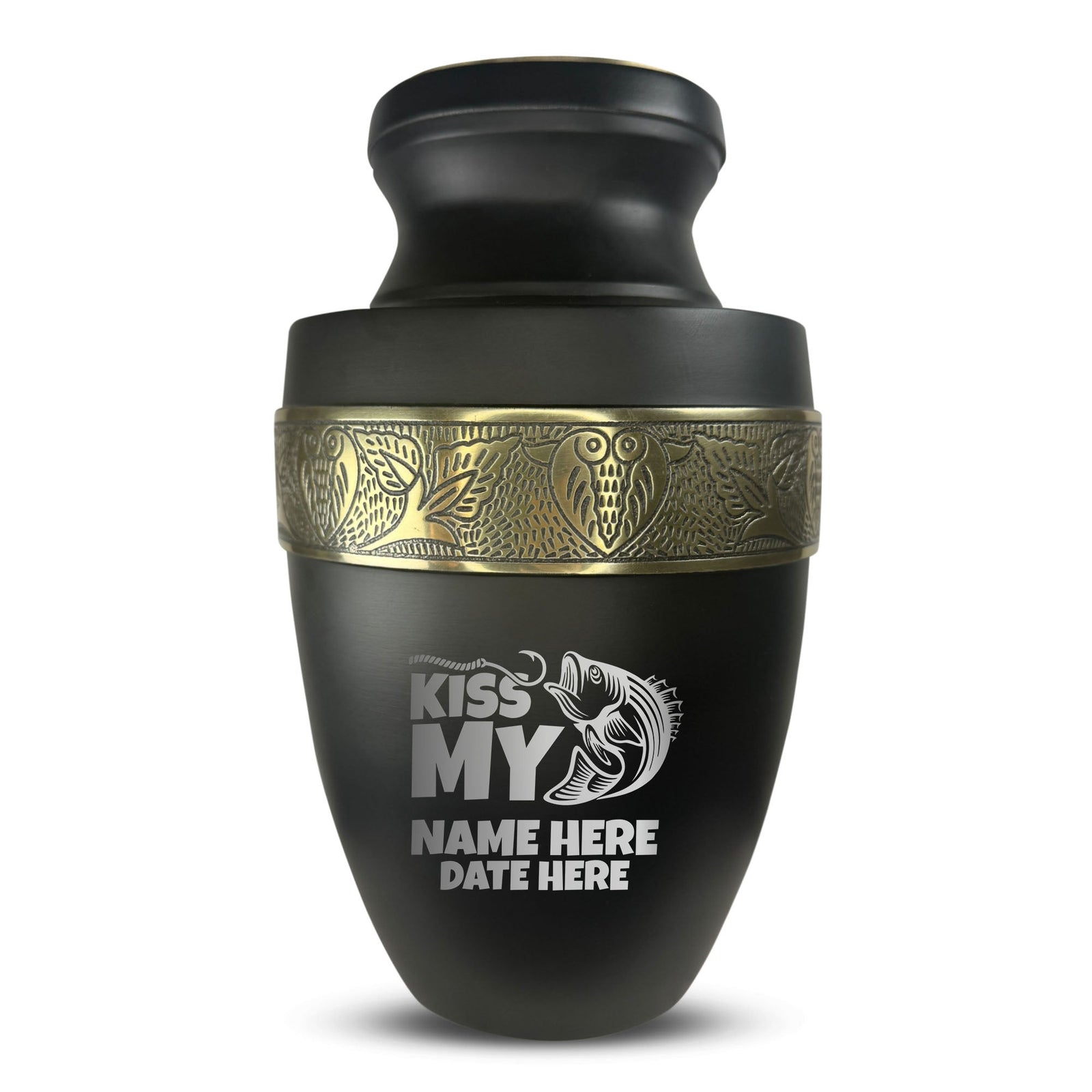 Custom Aluminum Human Urn - Funny Fishing Design - Elite Collection with Gold Inlay - 200 Cubic Inch