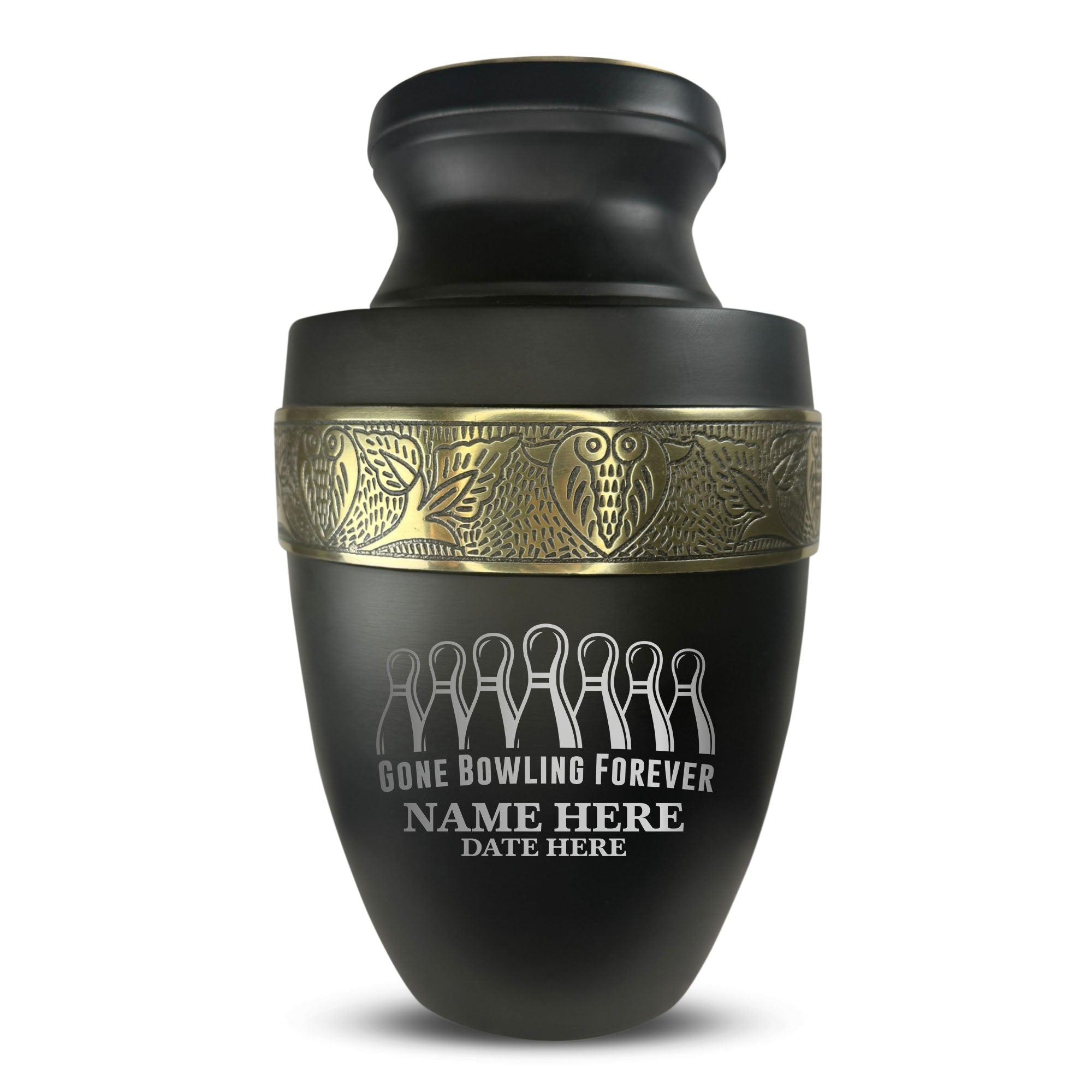 Custom Aluminum Human Urn - Funny Bowling Design - Elite Collection with Gold Inlay - 200 Cubic Inch