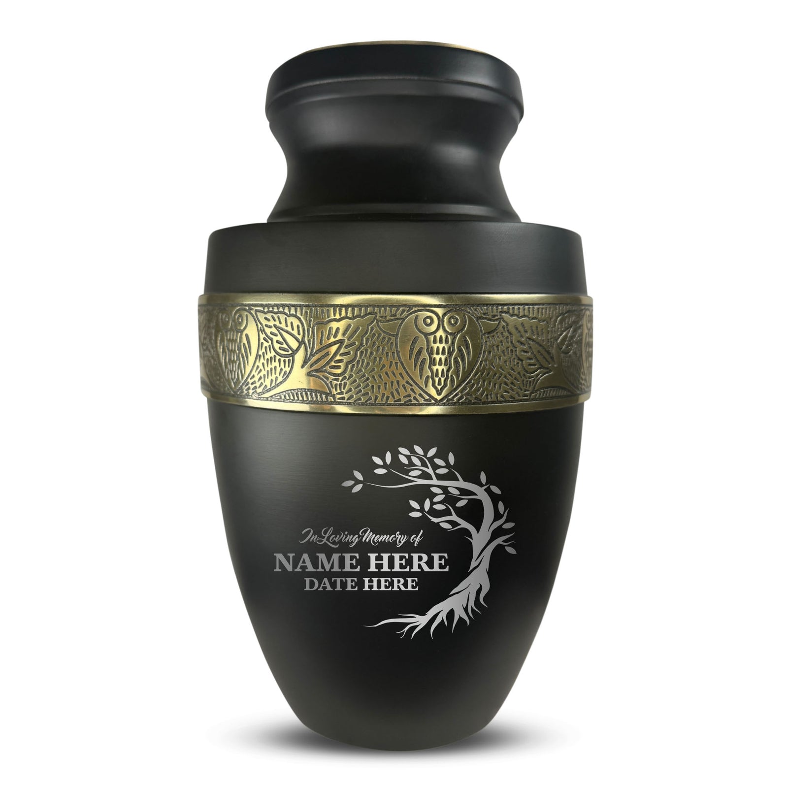 Personalized Adult Human Cremation Urn with Custom Engraved Name on Metal Aluminum Vessel for Ashes and Remains | Elite Series Human Urn with Gold Inlay | 200 Lbs | Tree | Black