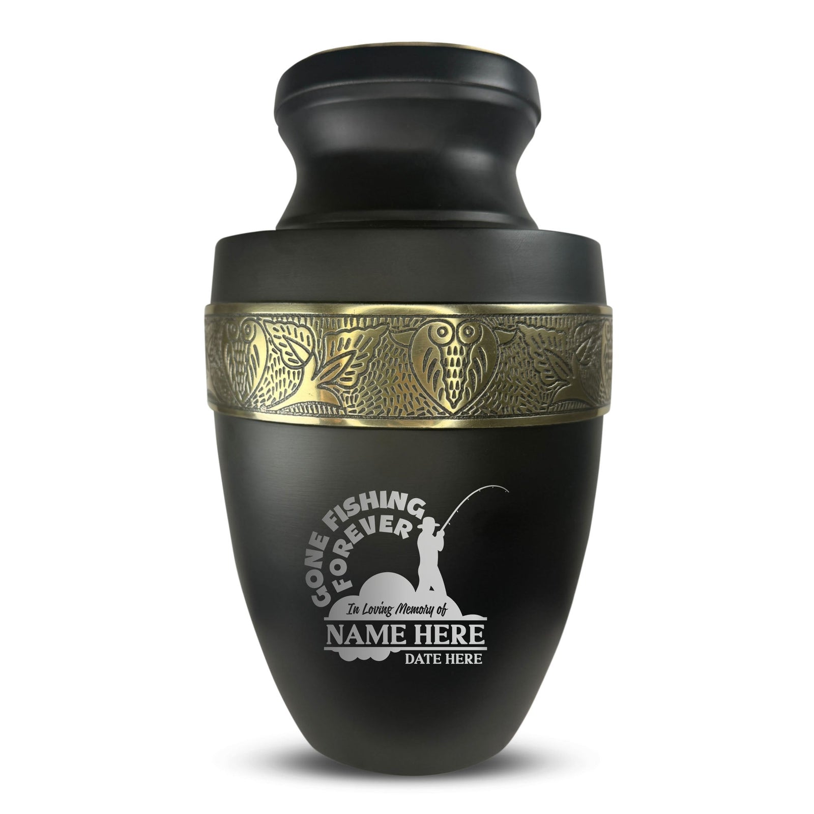Custom Aluminum Human Urn - Funny Fishing Design - Elite Collection with Gold Inlay - 200 Cubic Inch