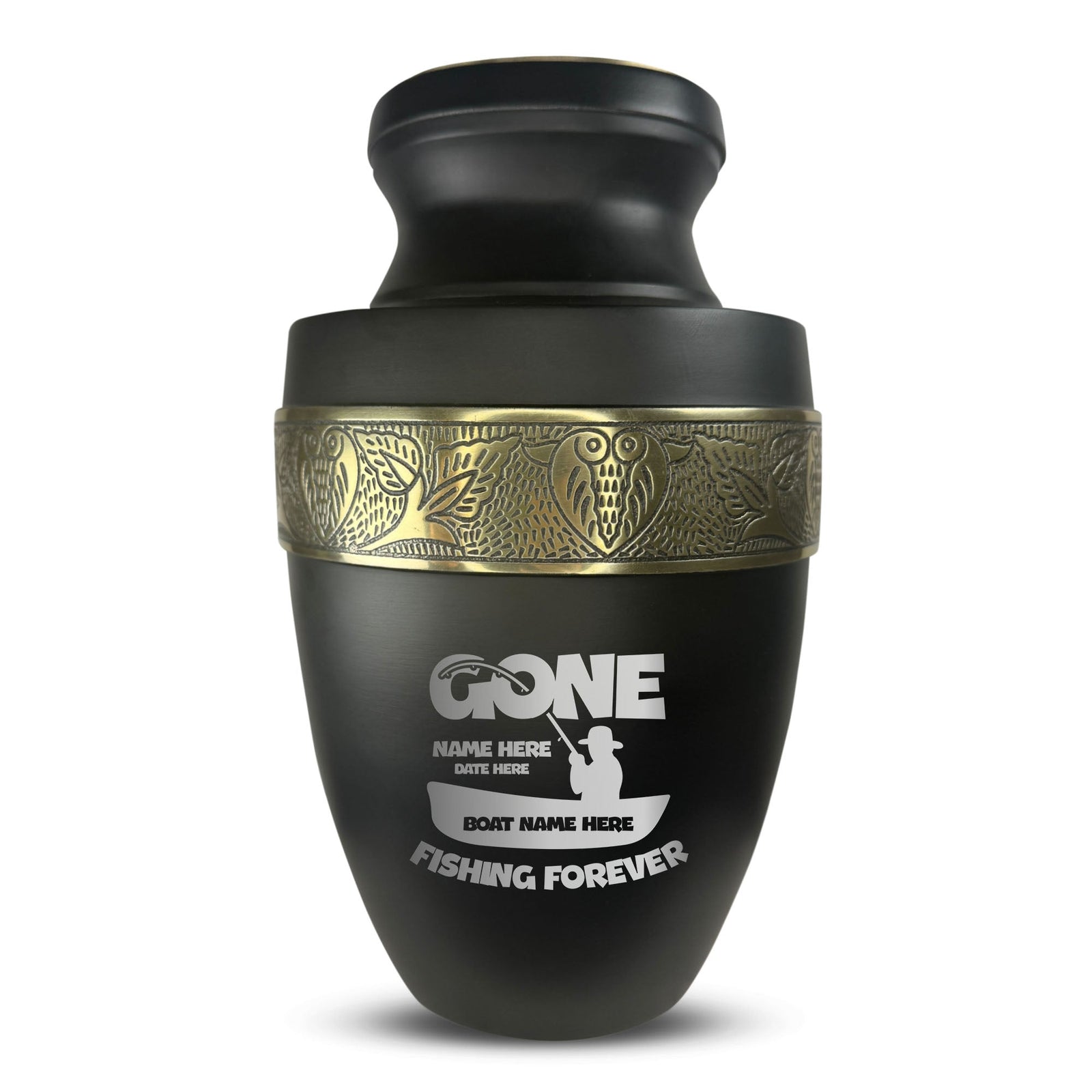Custom Aluminum Human Urn - Funny Fishing Design - Elite Collection with Gold Inlay - 200 Cubic Inch