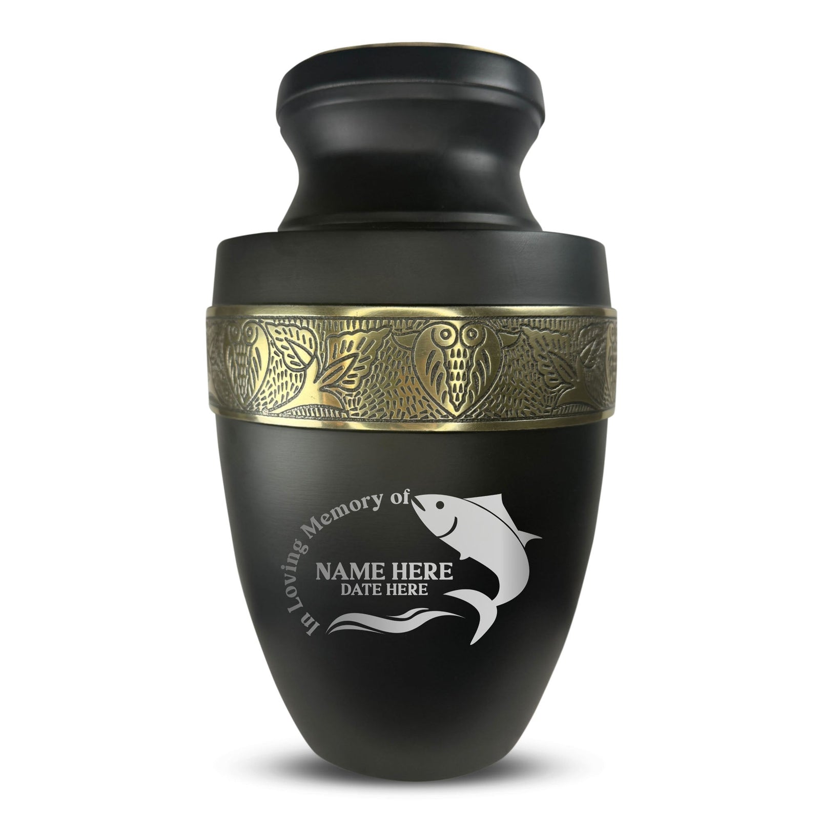 Custom Aluminum Human Urn - Funny Fishing Design - Elite Collection with Gold Inlay - 200 Cubic Inch
