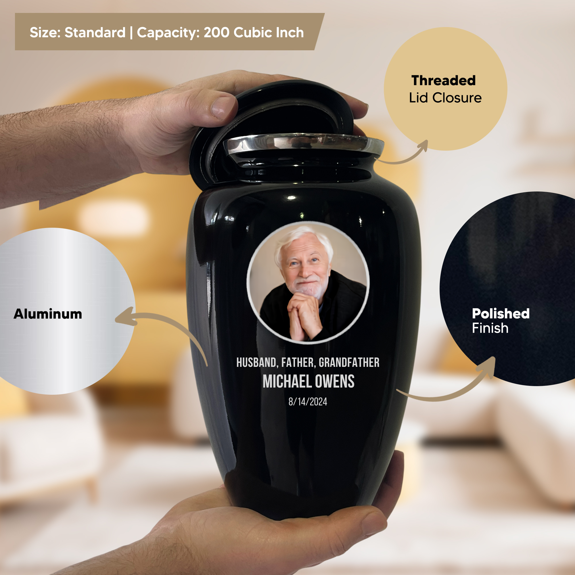 Splendor Human Cremation Urn - 200 Cubic Inch Capacity - Metal | Custom Photo