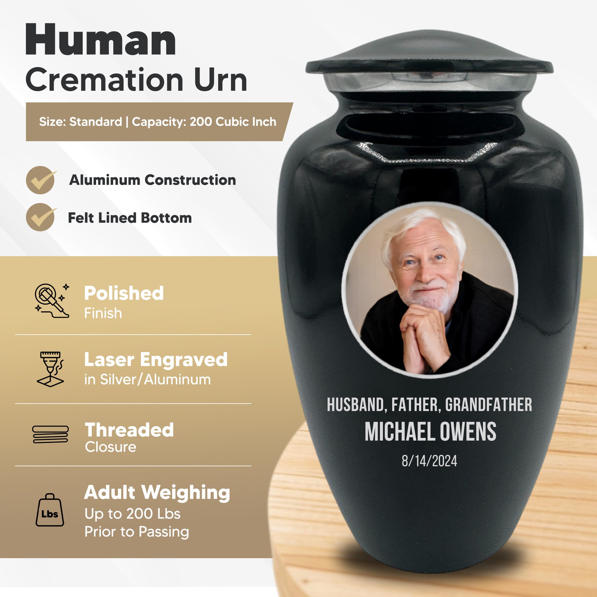 Splendor Human Cremation Urn - 200 Cubic Inch Capacity - Metal | Custom Photo