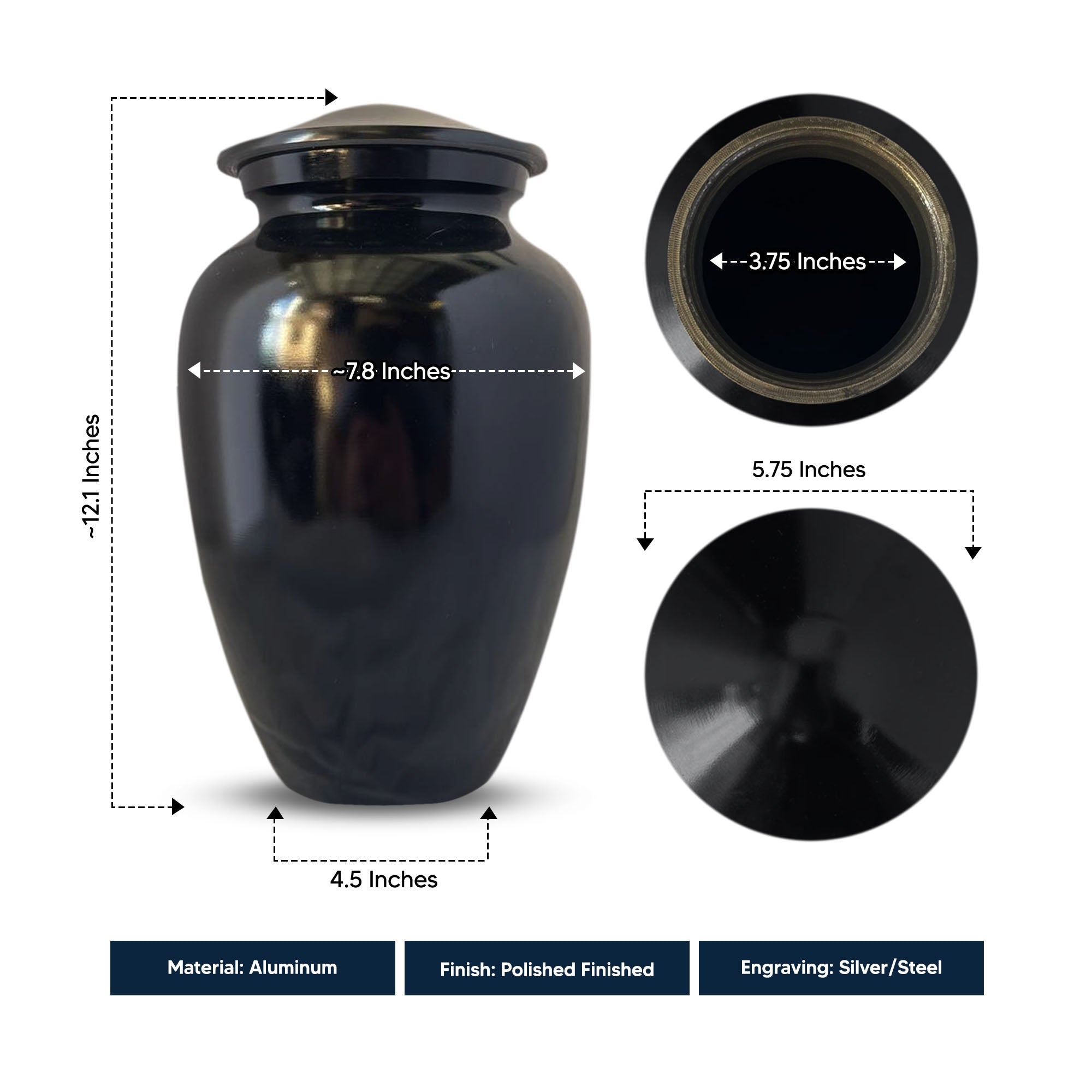 Extra Large Human Cremation Urn For Adult Ashes Men & Woman Up to 350 Lbs - Engraved Aluminum Urn with Name & Dove Design - Polished Finish urn for Human Remains | Black