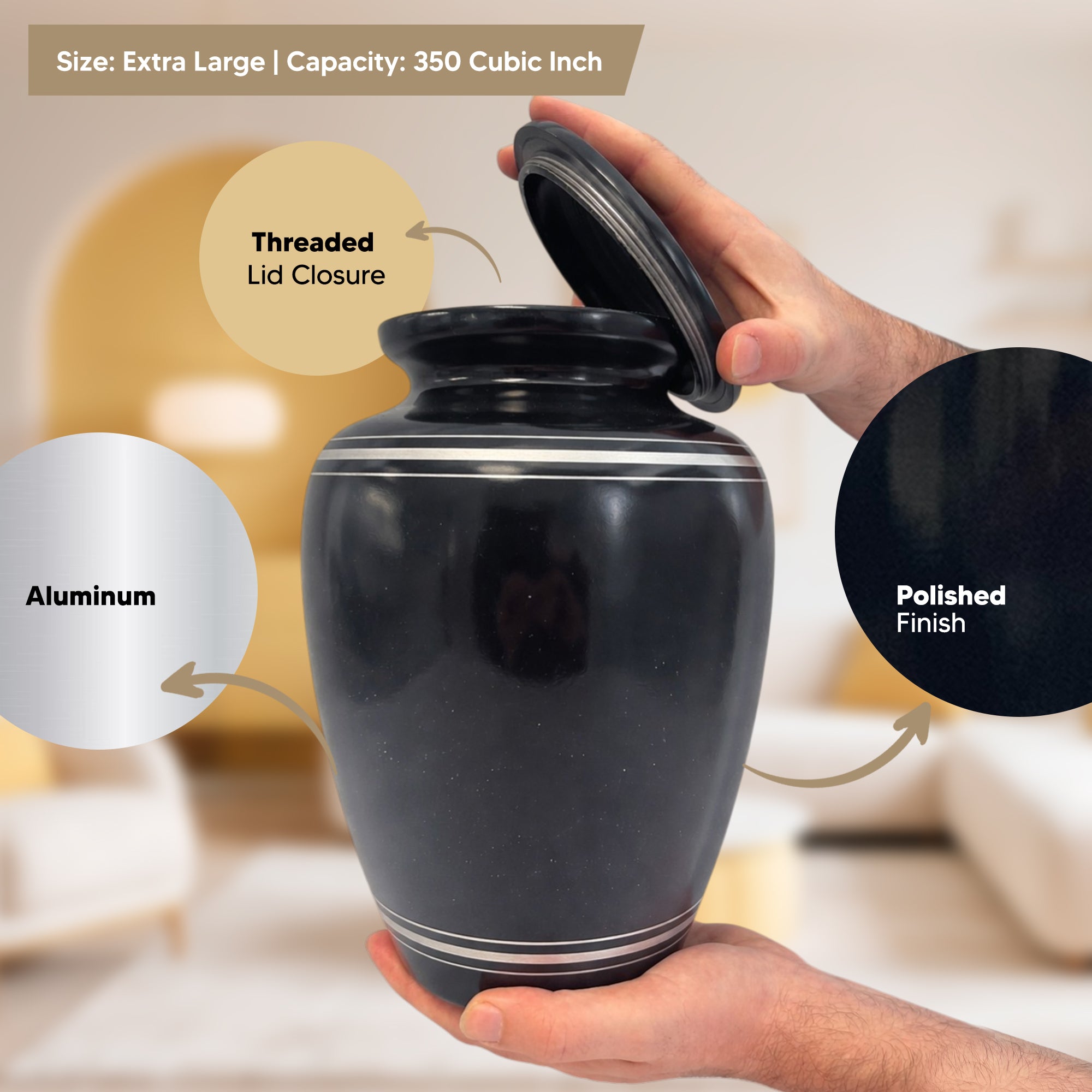 Extra Large Human Cremation Urn - 350 Cubic Inch - Black Spotted Finish with Silver Rim | Cross Design Collection