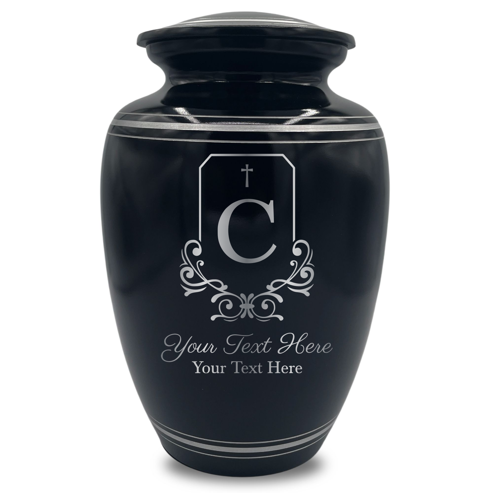 Human Cremation Urn - 350 Cubic Inch Capacity - Black with Silver Rim | Headstone Memorial