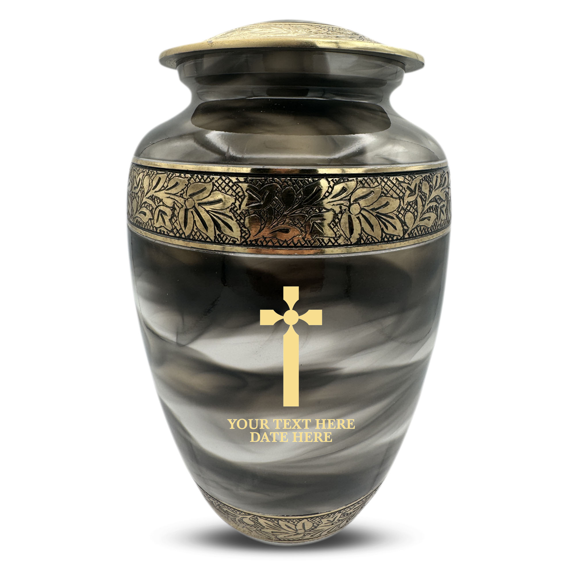 Custom Aluminum Cremation Urn for Human Ashes - Suzesta Pearl White Memorial Urn - Memorial Cross Design - 200 Cubic Inch