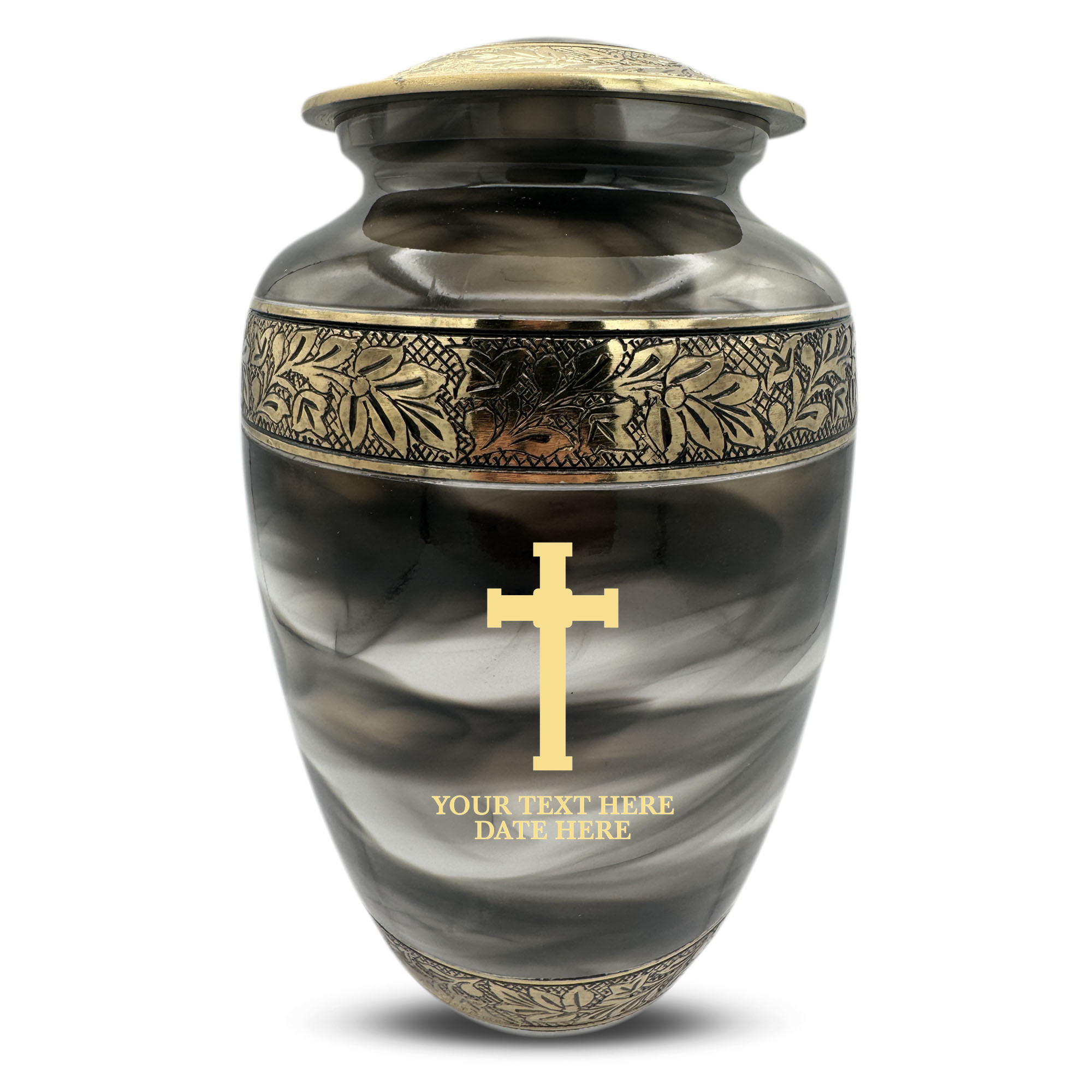 Custom Aluminum Cremation Urn for Human Ashes - Suzesta Pearl White Memorial Urn - Memorial Cross Design - 200 Cubic Inch