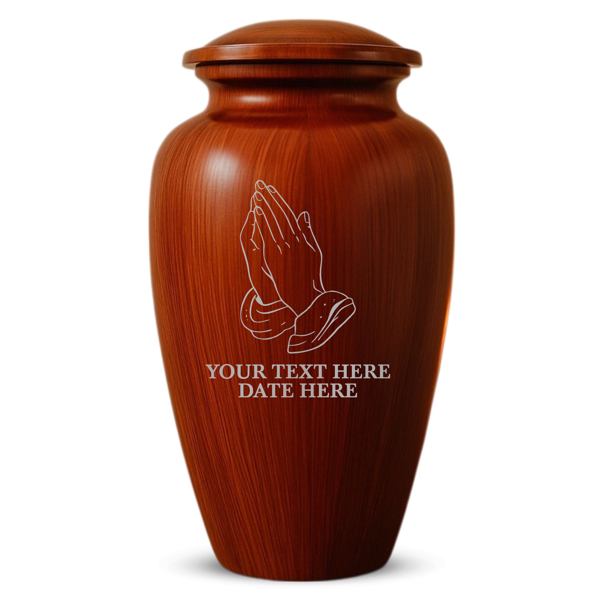 Human Cremation Urn - 200 Cubic Inch - Ingrained Wood Style Finish | Praying Hands