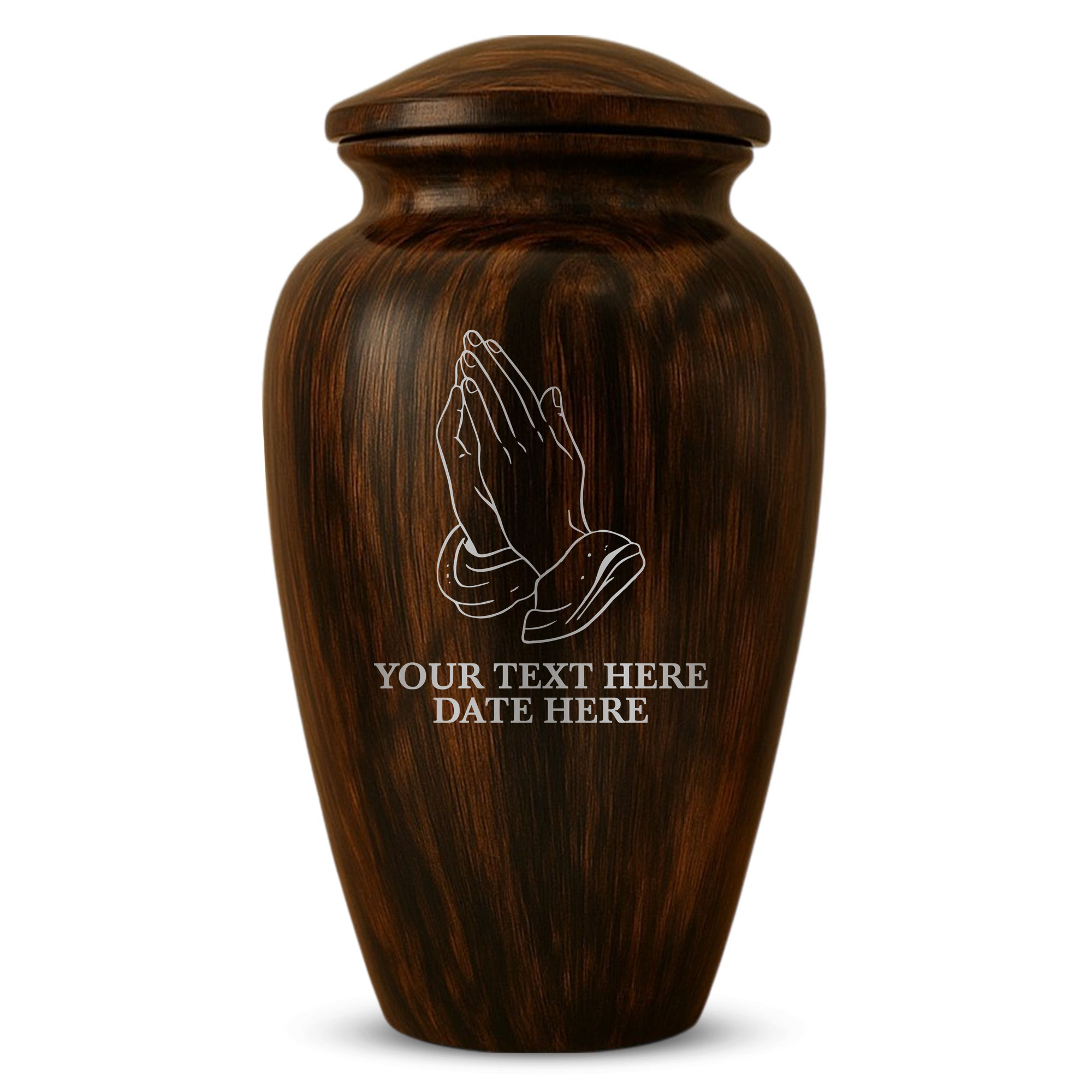 Human Cremation Urn - 200 Cubic Inch - Ingrained Wood Style Finish | Praying Hands