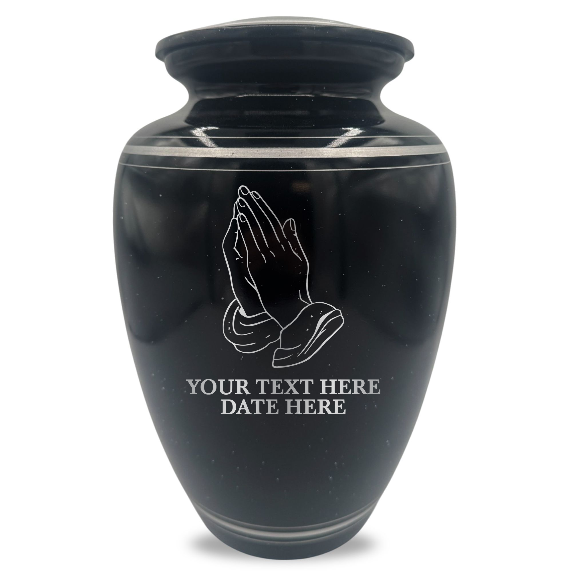 Extra Large Human Cremation Urn - 350 Cubic Inch - Black Spotted Finish with Silver Rim | Praying Hands