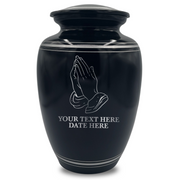 Human Cremation Urn – 350 Cubic Inch Capacity – Black with Silver Rim | Praying Hands