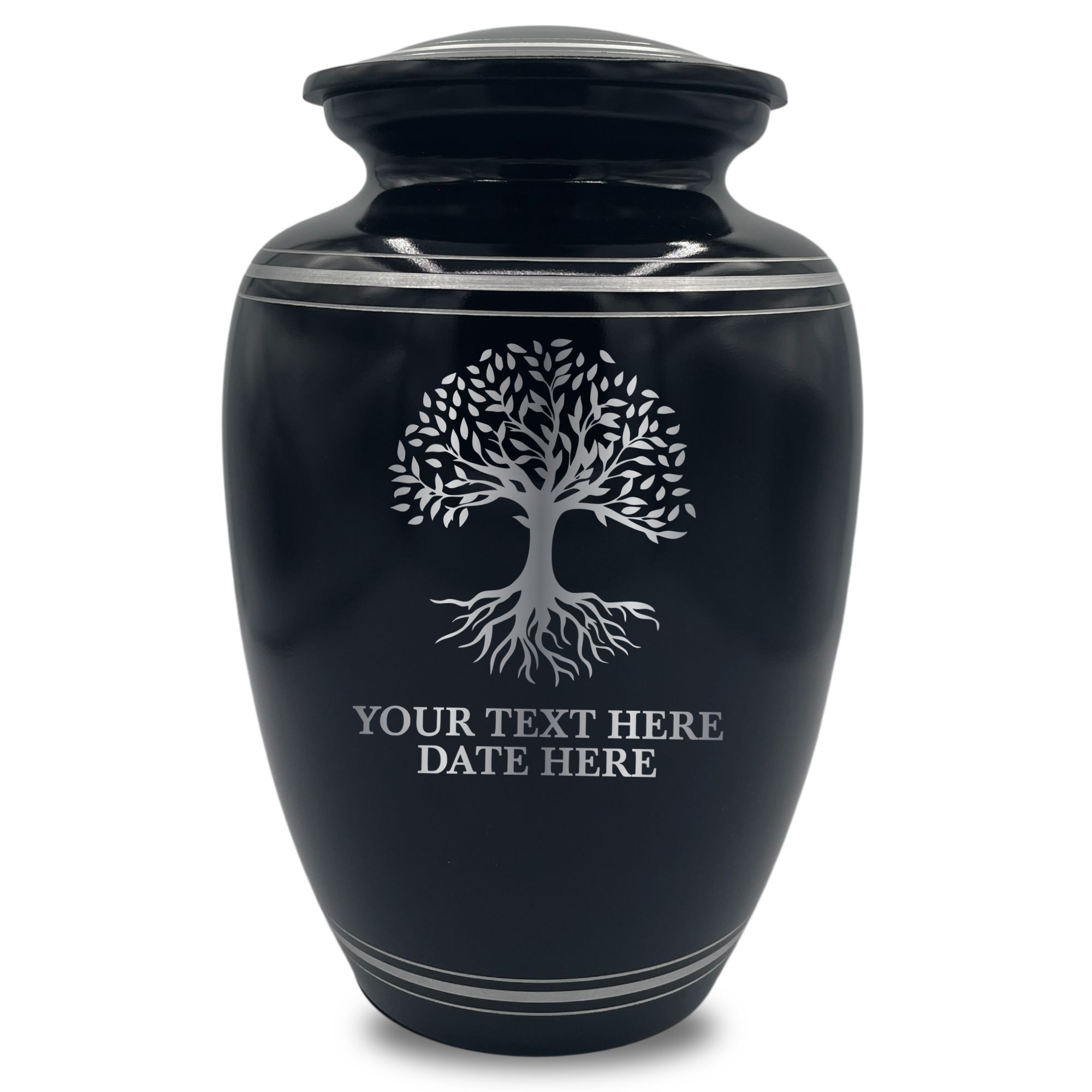 Human Cremation Urn - 350 Cubic Inch Capacity - Black with Silver Rim | Tree of Life