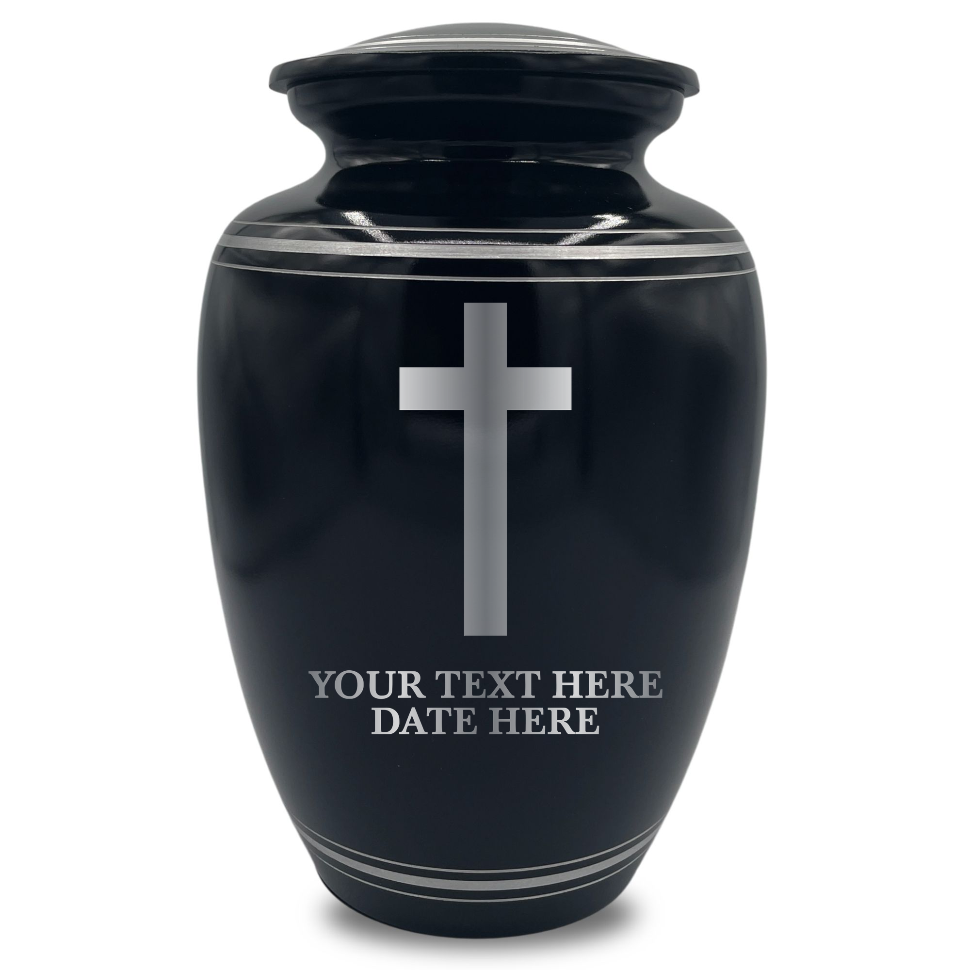 Human Cremation Urn - 350 Cubic Inch Capacity - Black with Silver Rim | Cross Design Collection 1