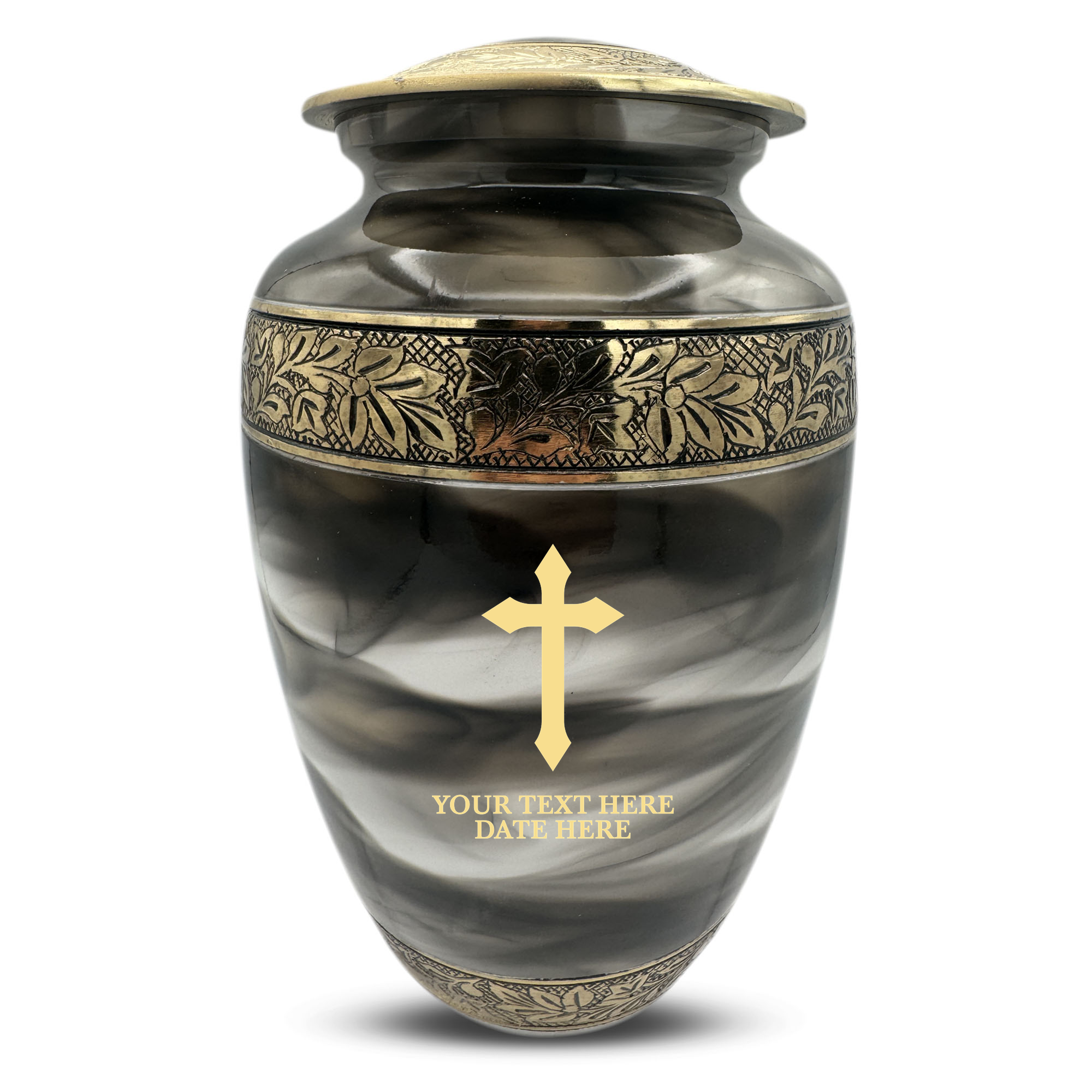 Custom Aluminum Cremation Urn for Human Ashes - Suzesta Pearl White Memorial Urn - Memorial Cross Design - 200 Cubic Inch