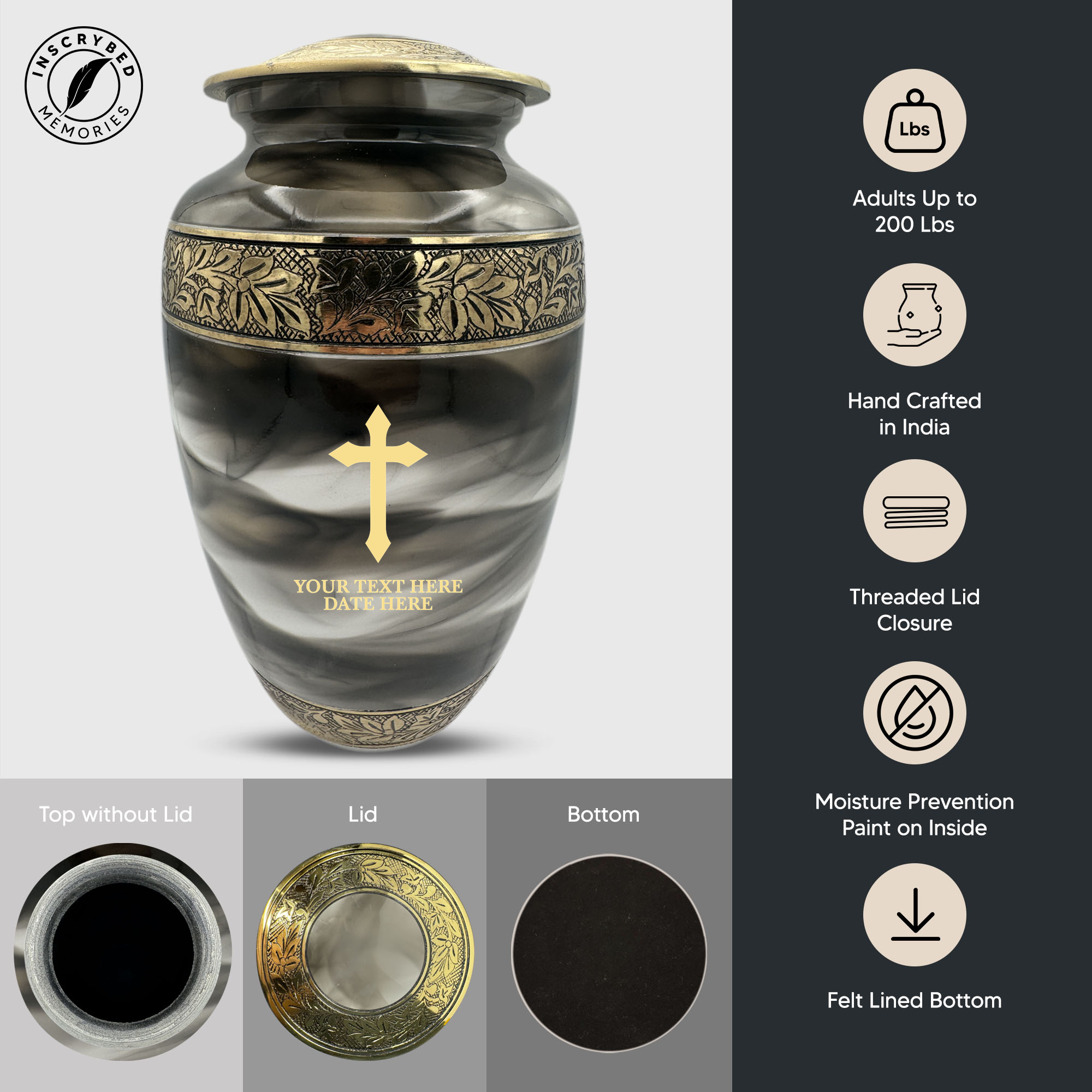 Custom Aluminum Cremation Urn for Human Ashes - Suzesta Pearl White Memorial Urn - Memorial Cross Design - 200 Cubic Inch