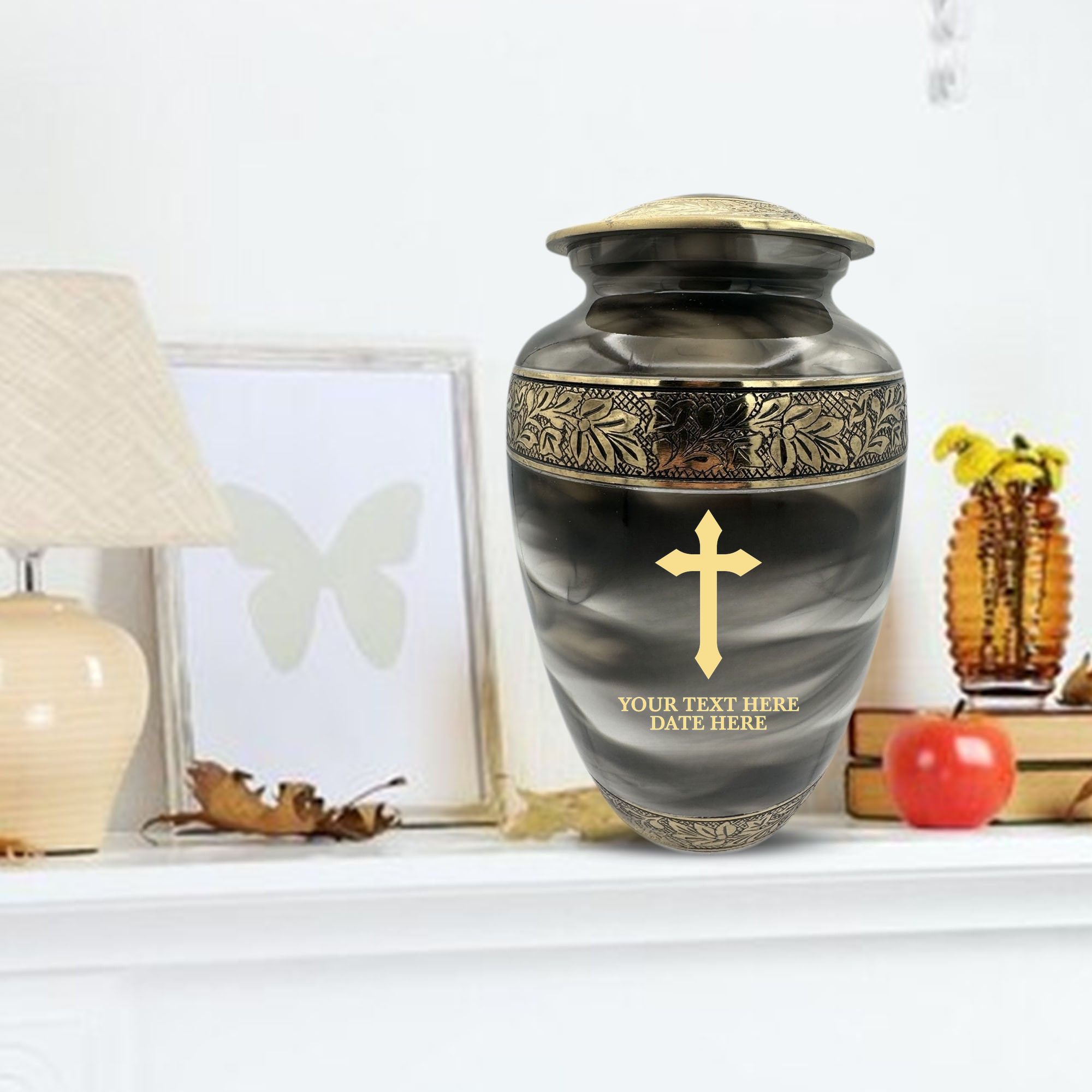 Custom Aluminum Cremation Urn for Human Ashes - Suzesta Pearl White Memorial Urn - Memorial Cross Design - 200 Cubic Inch