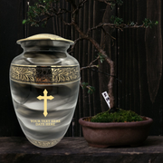 Custom Aluminum Human Urns - Suzesta Pearl White Memorial Urn - Memorial Cross Design - 200 Cubic Inch
