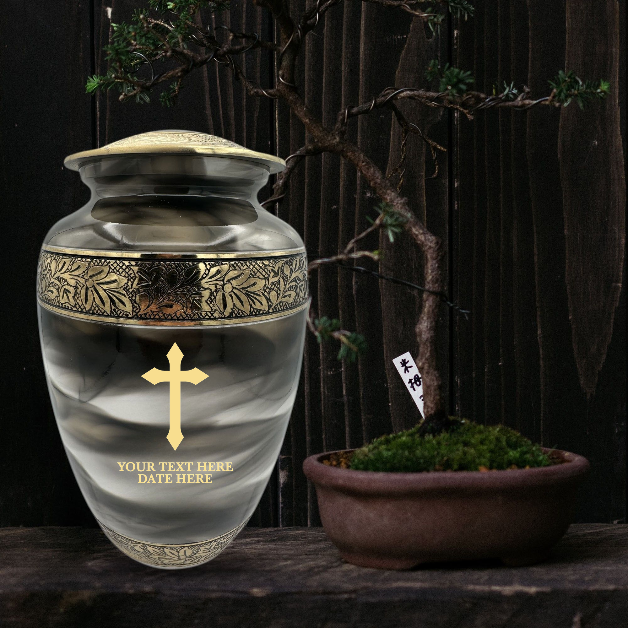 Custom Aluminum Cremation Urn for Human Ashes - Suzesta Pearl White Memorial Urn - Memorial Cross Design - 200 Cubic Inch