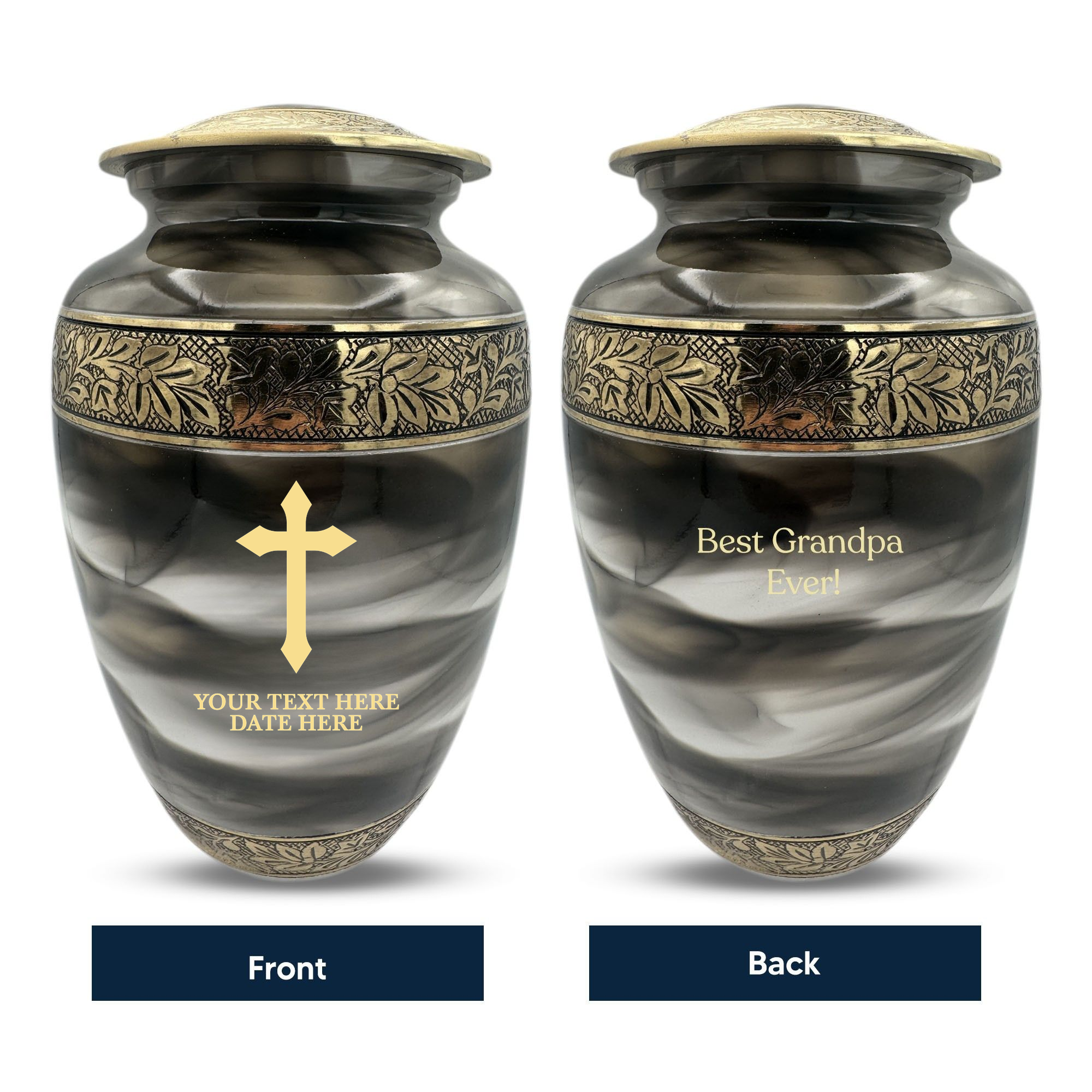 Custom Aluminum Cremation Urn for Human Ashes - Suzesta Pearl White Memorial Urn - Memorial Cross Design - 200 Cubic Inch