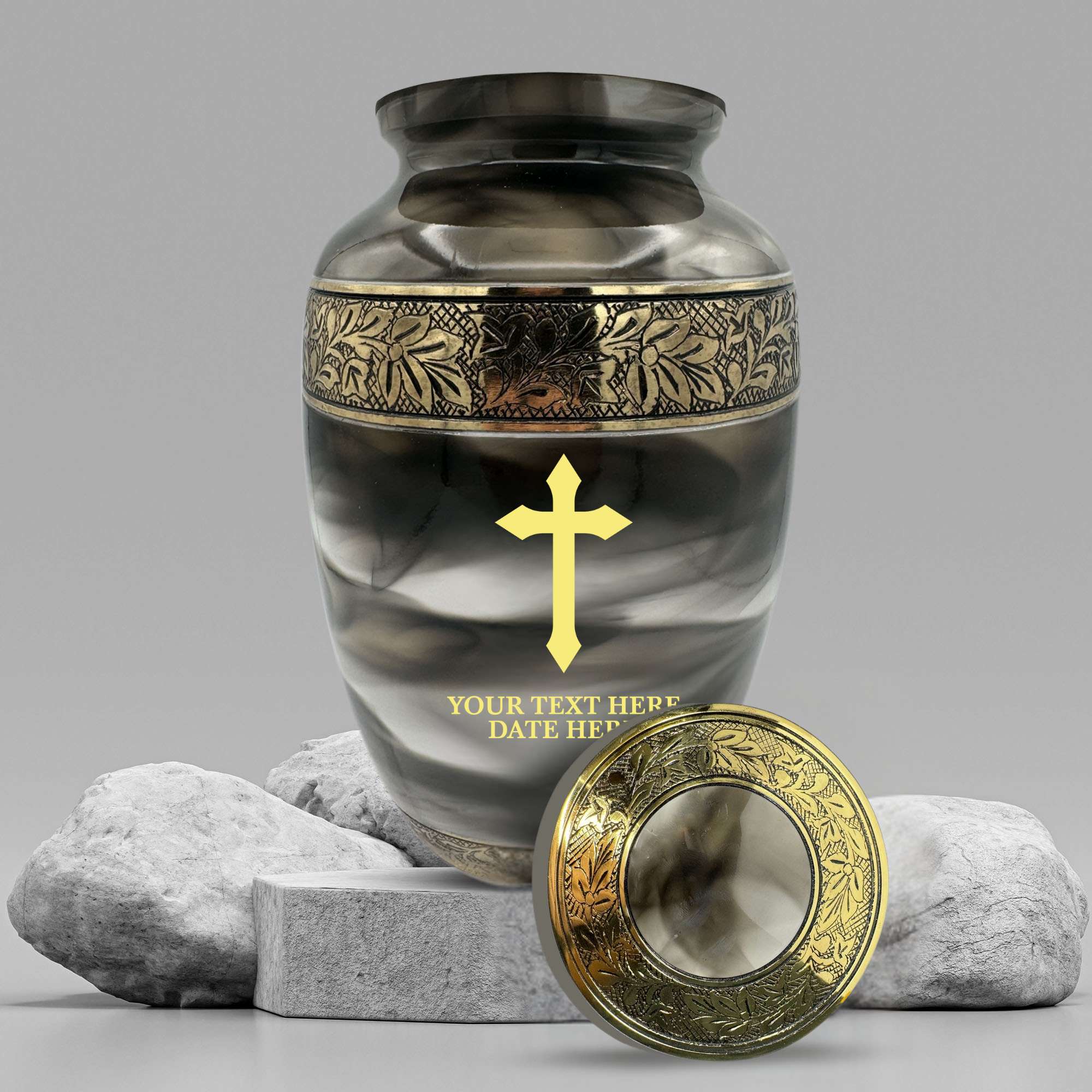 Custom Aluminum Cremation Urn for Human Ashes - Suzesta Pearl White Memorial Urn - Memorial Cross Design - 200 Cubic Inch