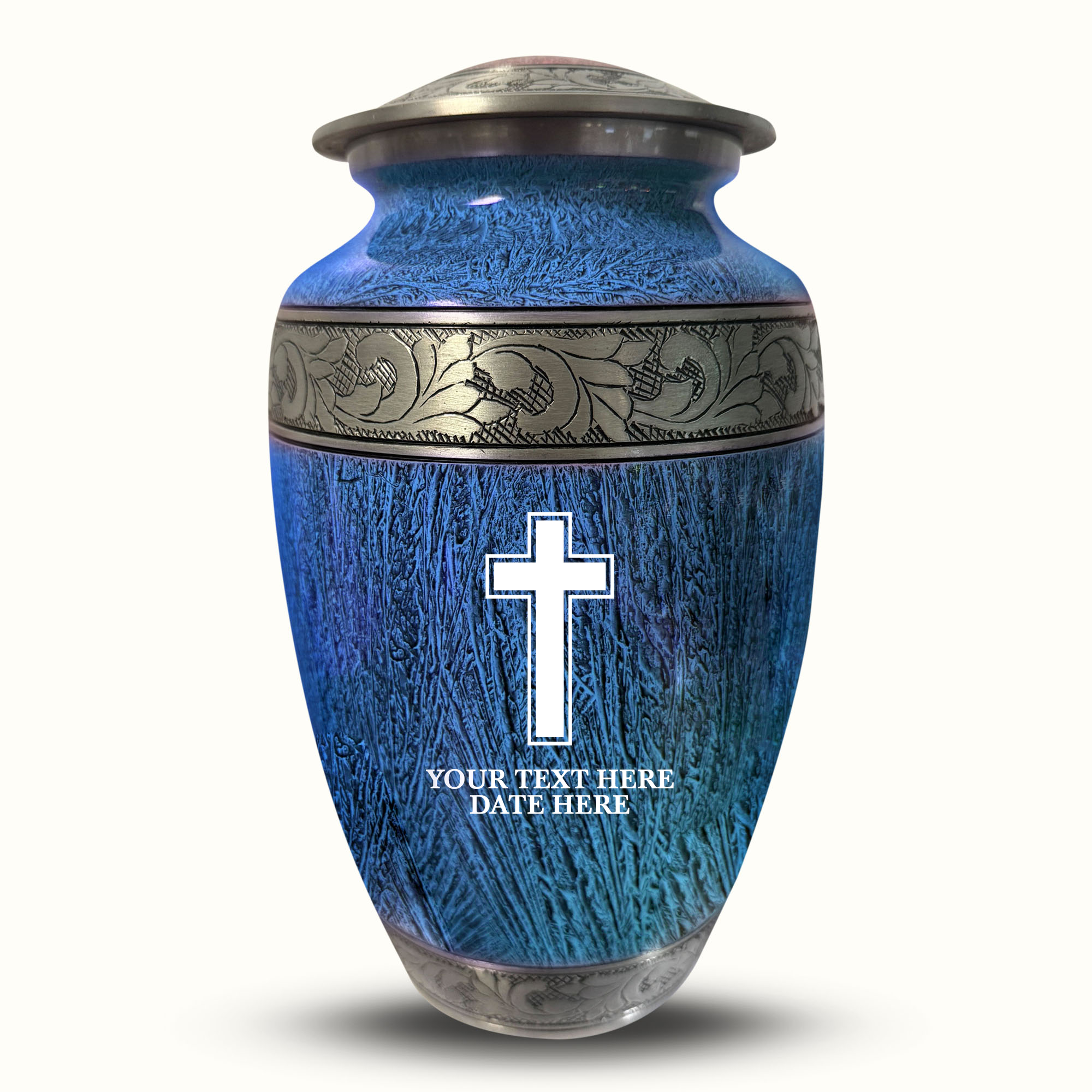 Custom Large Cremation Urn for Human Ashes - Elevate Collection - Memorial Cross Design - Distressed Finish - 200 Cubic Inch