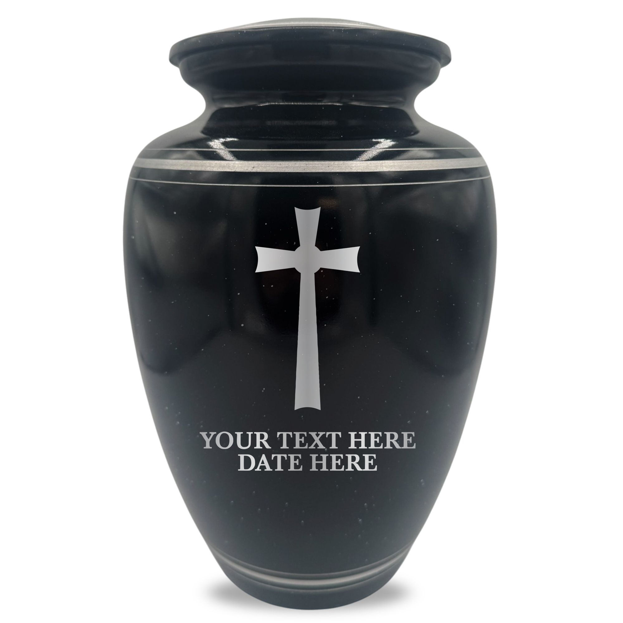 Extra Large Human Cremation Urn - 350 Cubic Inch - Black Spotted Finish with Silver Rim | Cross Design Collection 1