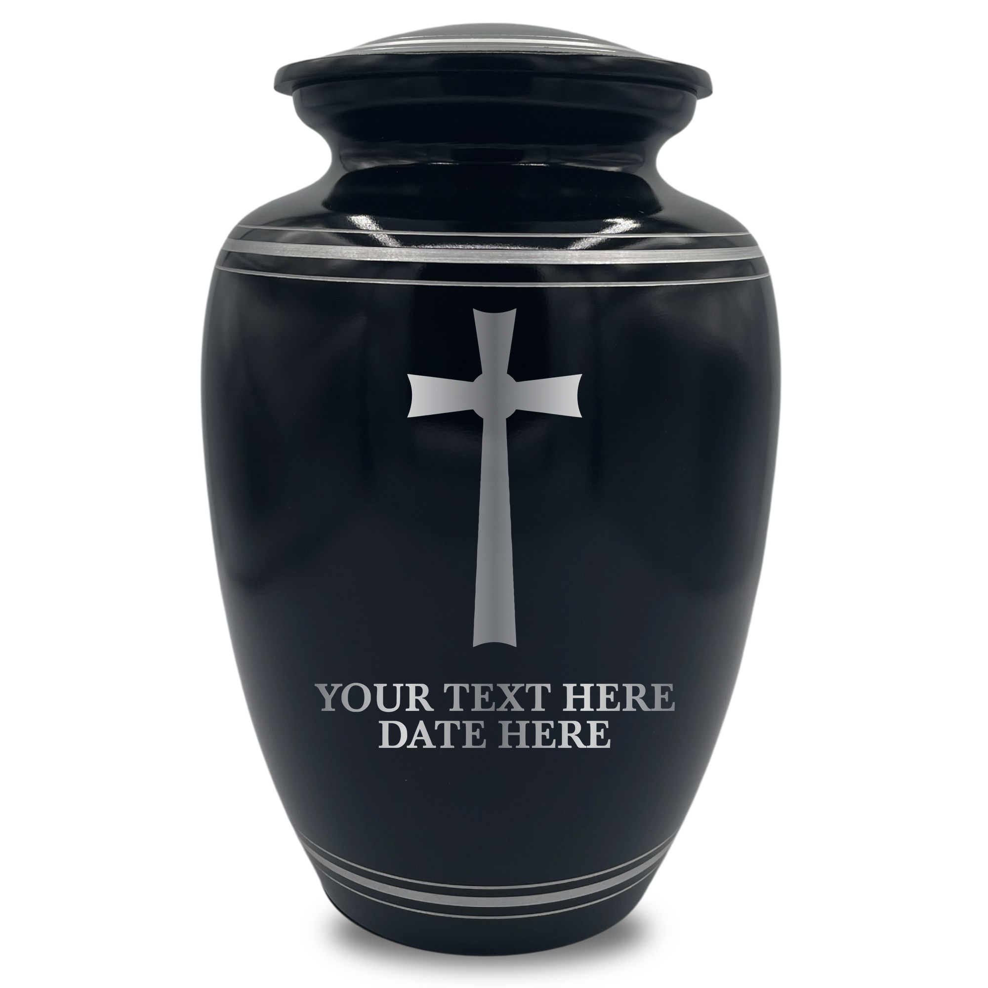 Human Cremation Urn - 350 Cubic Inch Capacity - Black with Silver Rim | Cross Design Collection 1