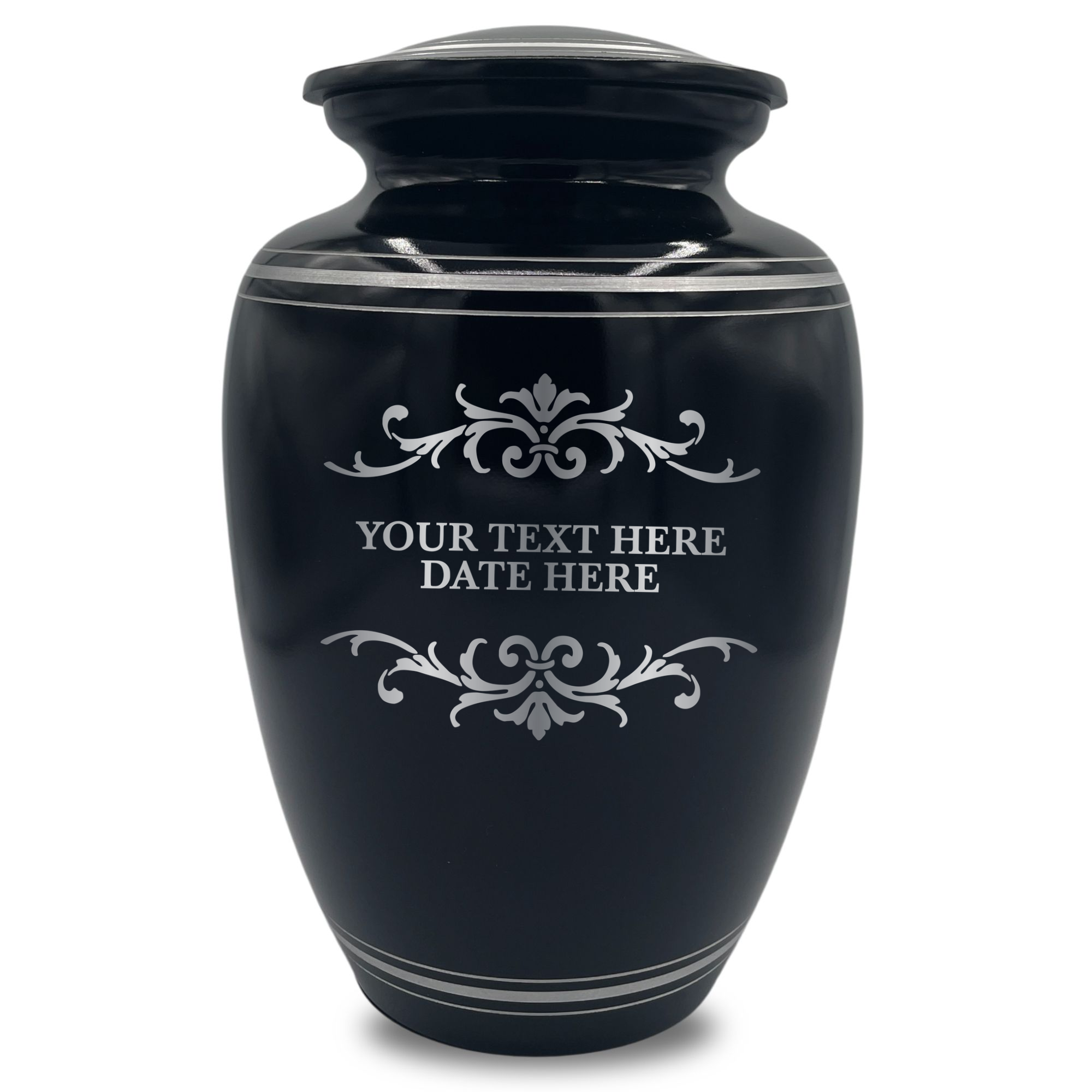 Human Cremation Urn - 350 Cubic Inch Capacity - Black with Silver Rim | Memorial Swirl