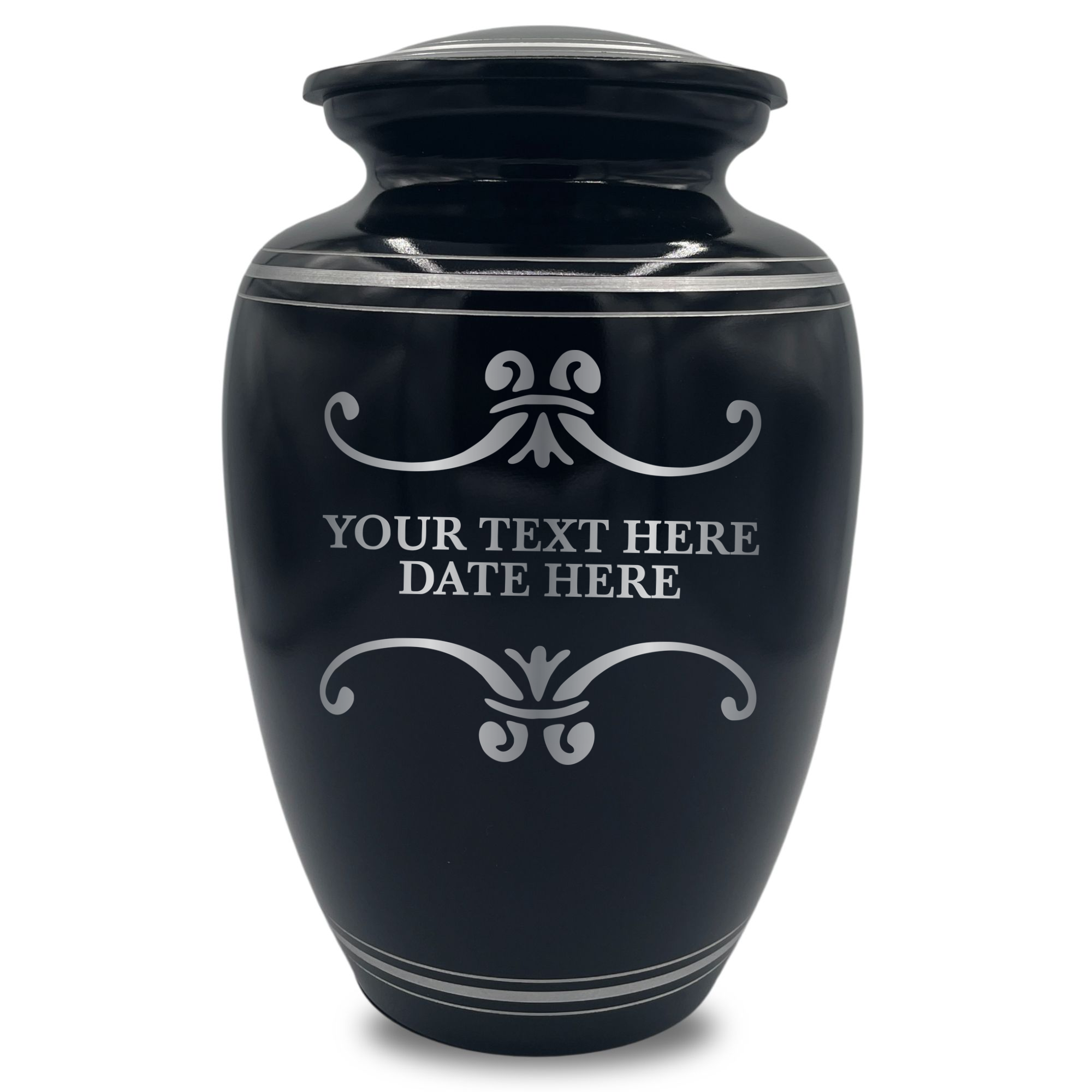 Human Cremation Urn - 350 Cubic Inch Capacity - Black with Silver Rim | Memorial Swirl