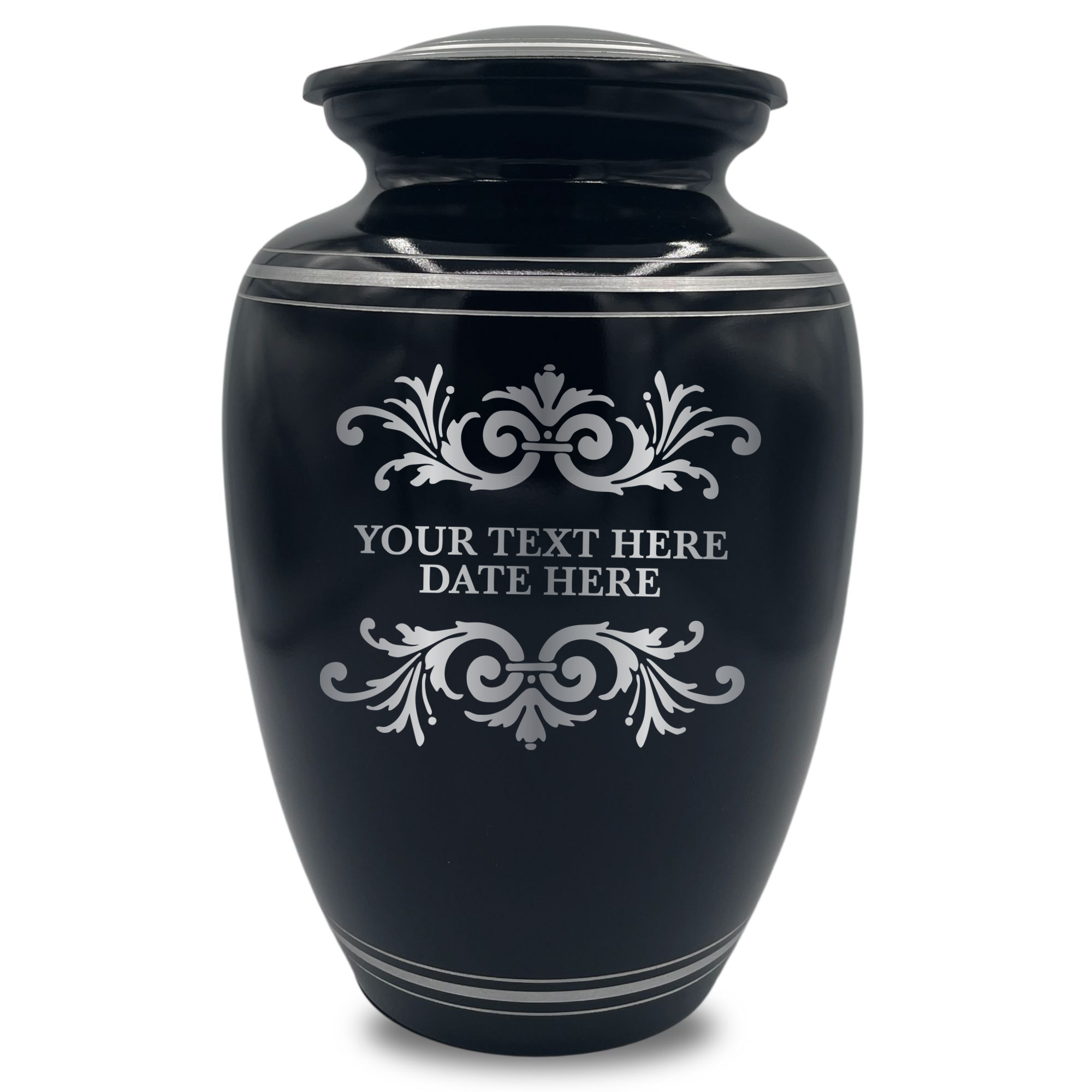 Human Cremation Urn - 350 Cubic Inch Capacity - Black with Silver Rim | Memorial Swirl