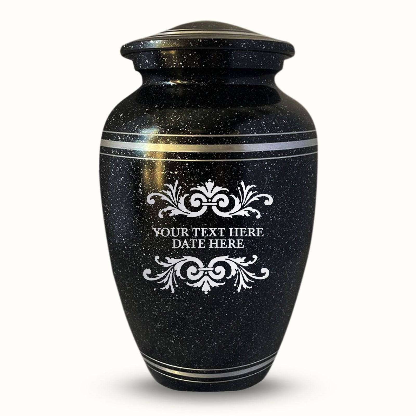 Custom Aluminum Human Urn - Memorial Swirl Design - Distressed Black Polished Finish with Silver Rim - 200 Cubic Inch