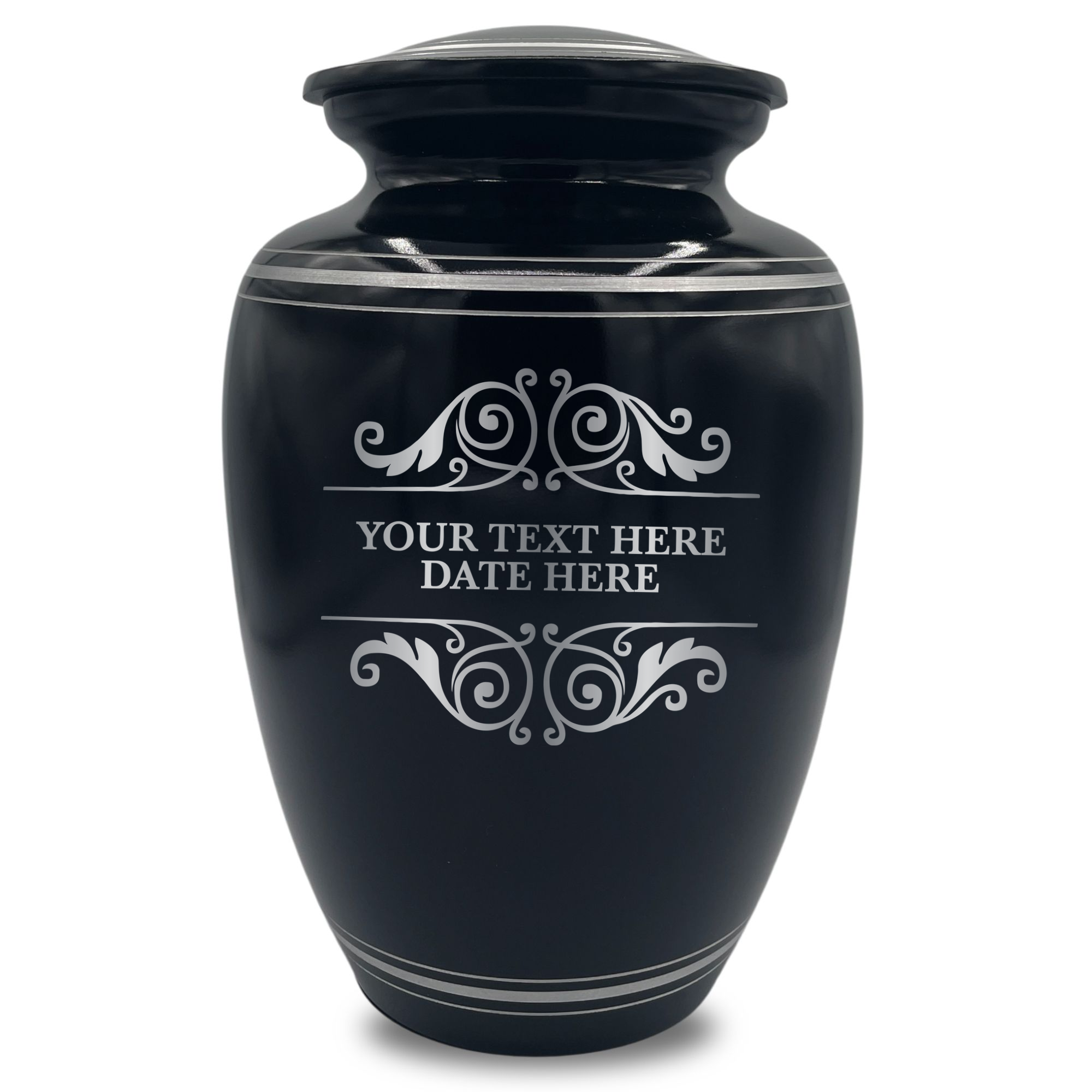 Human Cremation Urn - 350 Cubic Inch Capacity - Black with Silver Rim | Memorial Swirl